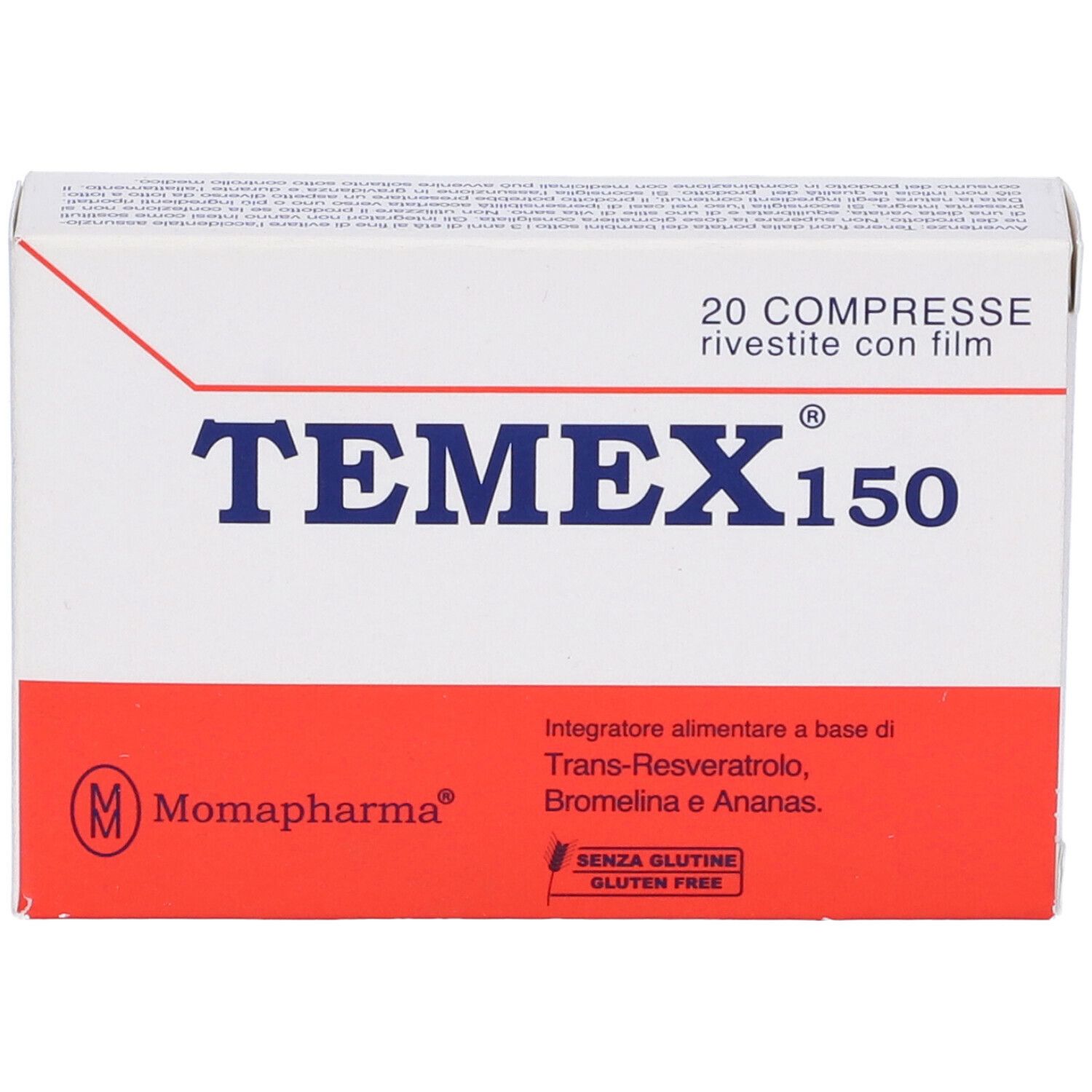 Scatola Temex 150, bianca e arancione. 20 compresse. Logo Moma Pharma. Indicazione senza glutine.