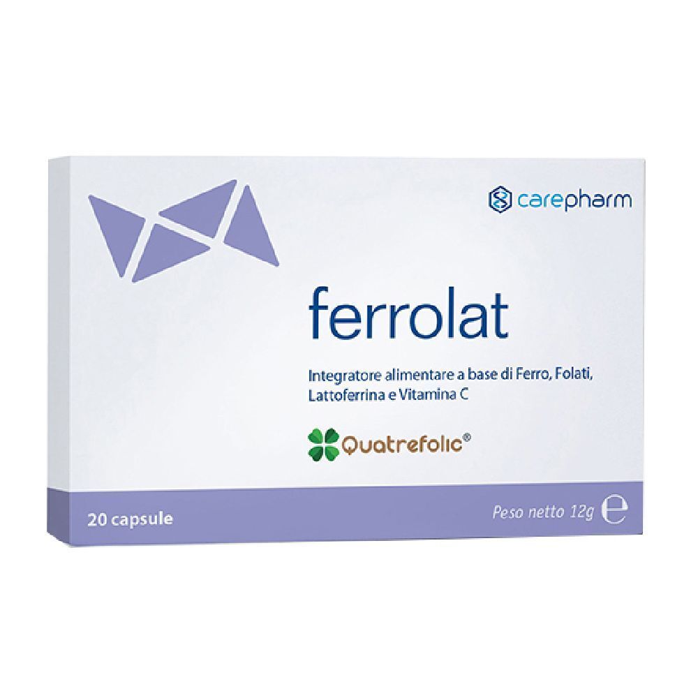 Scatola bianca con dettagli viola. Scritta: ferrolat, 20 capsule, logo carepharm. Contiene ferro, acido folico, lattoferrina, vitamina C.