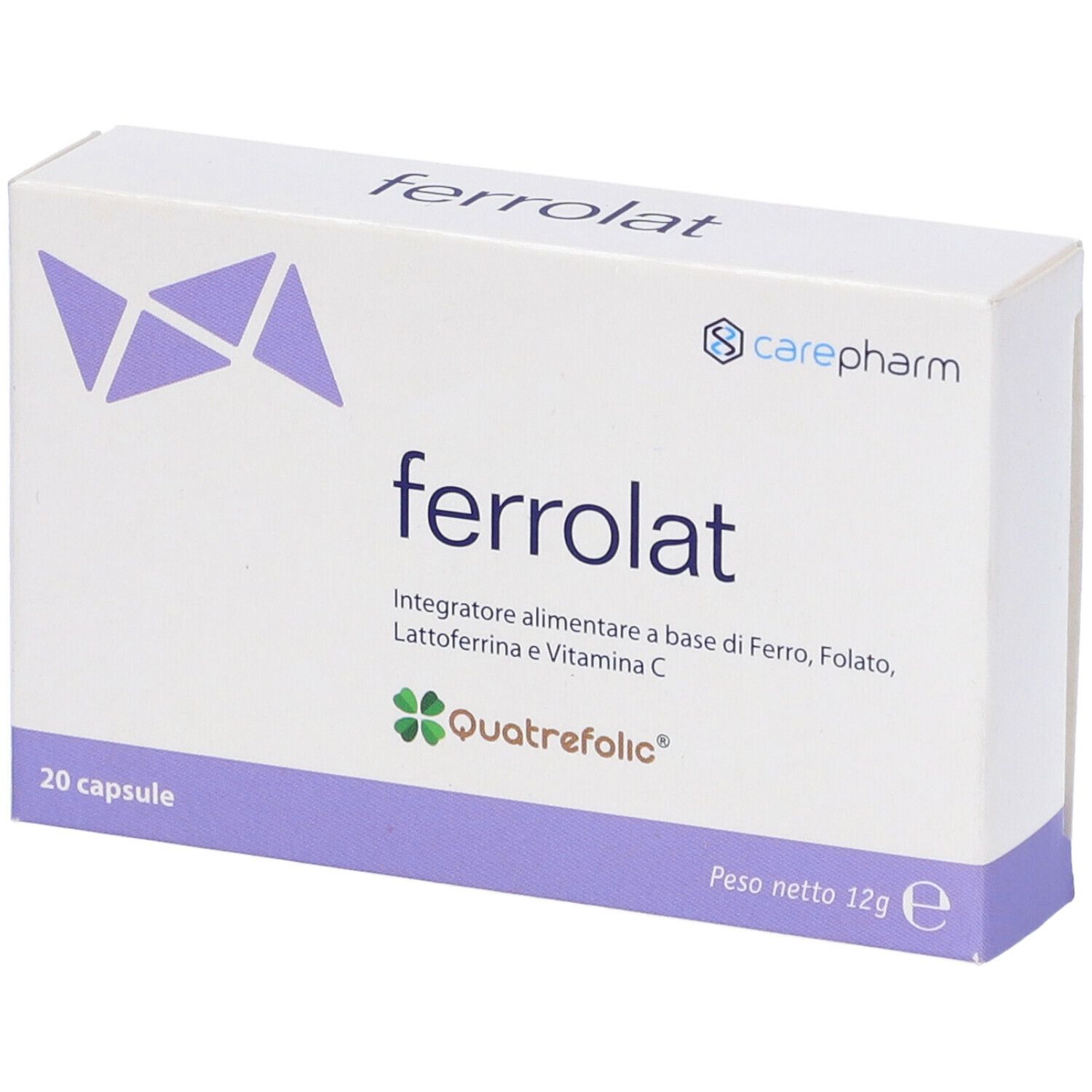 Scatola bianca con dettagli viola. Scritta: ferrolat, 20 capsule, logo carepharm. Contiene ferro, acido folico, lattoferrina, vitamina C.