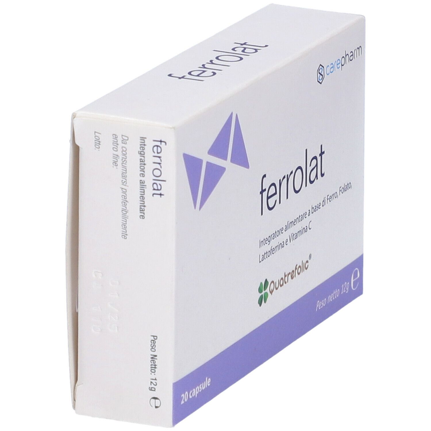 Scatola bianca con dettagli viola. Scritta: ferrolat, 20 capsule, logo carepharm. Contiene ferro, acido folico, lattoferrina, vitamina C.