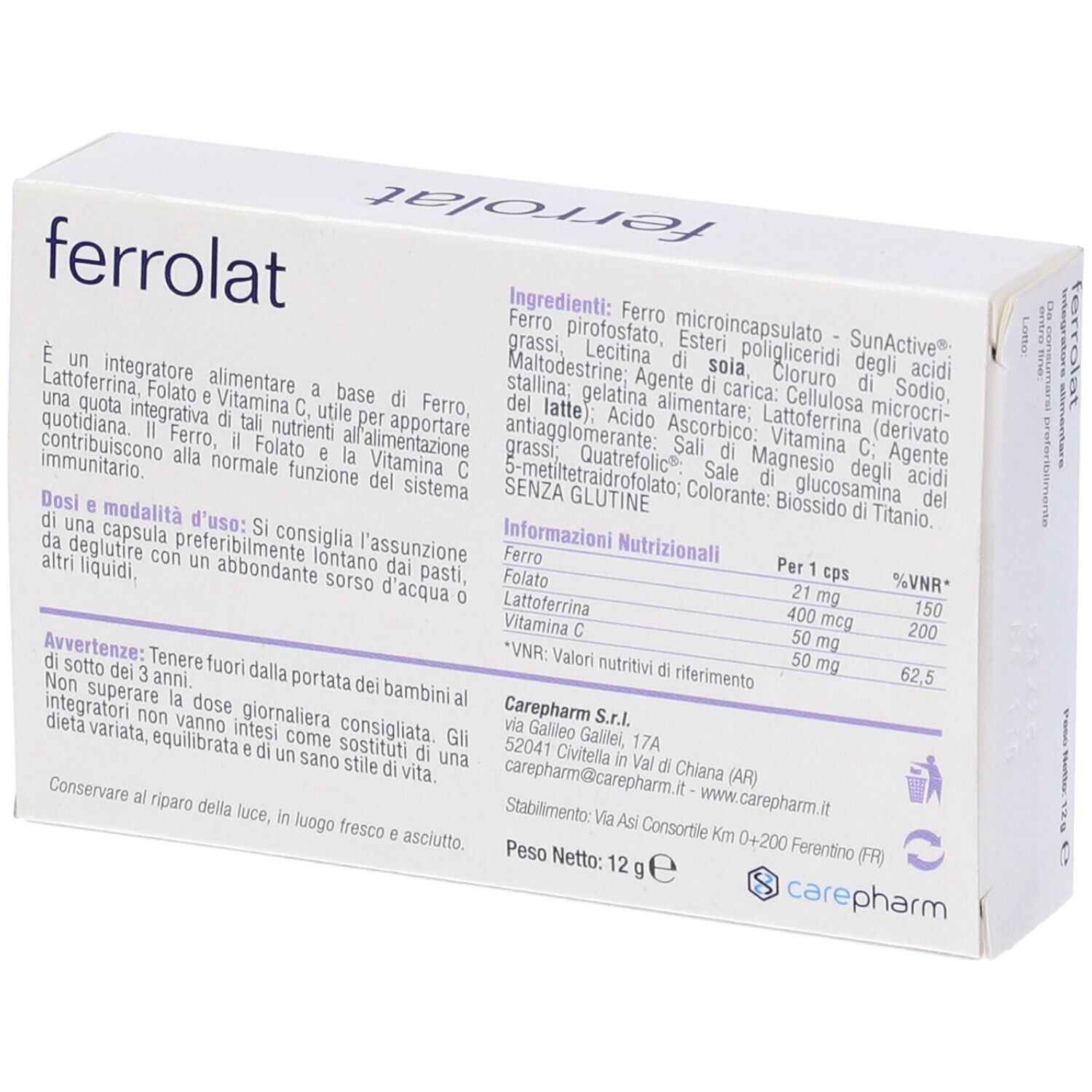 Scatola bianca con testo e informazioni. Scritta: ferrolat, logo carepharm. Contiene ferro, acido folico, lattoferrina, vitamina C. Elenco ingredienti.