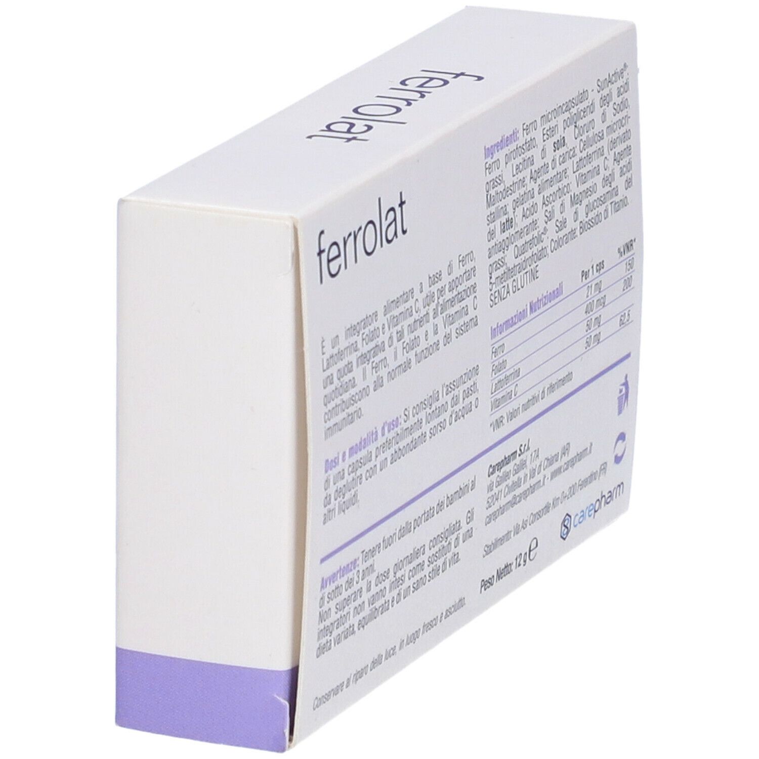 Scatola bianca con testo e informazioni. Scritta: ferrolat, logo carepharm. Contiene ferro, acido folico, lattoferrina, vitamina C. Elenco ingredienti.