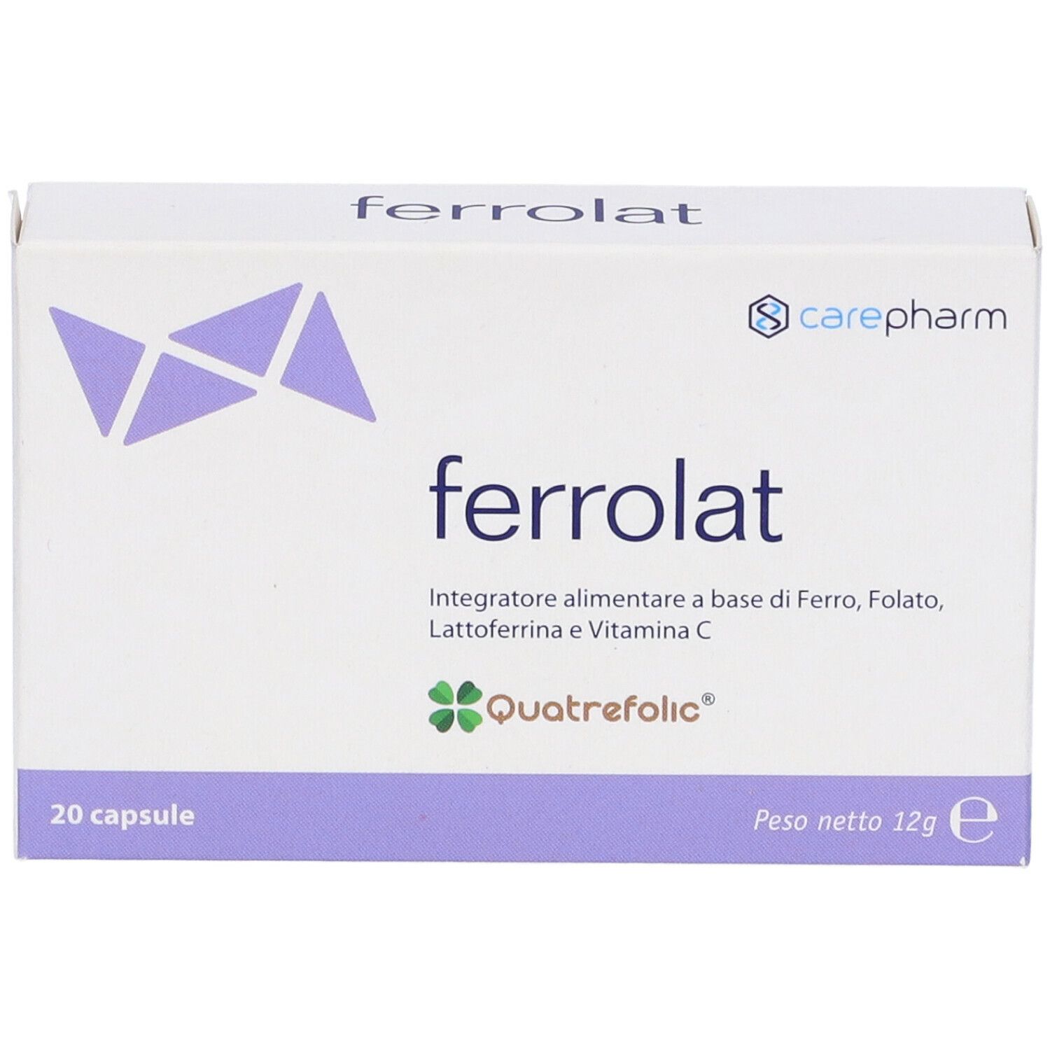 Scatola bianca con dettagli viola. Scritta: ferrolat, 20 capsule, logo carepharm. Contiene ferro, acido folico, lattoferrina, vitamina C.