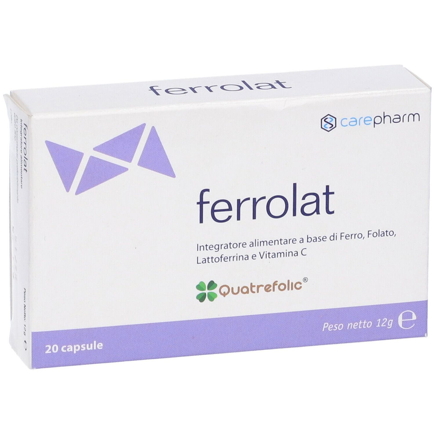 Scatola bianca con dettagli viola. Scritta: ferrolat, 20 capsule, logo carepharm. Contiene ferro, acido folico, lattoferrina, vitamina C.