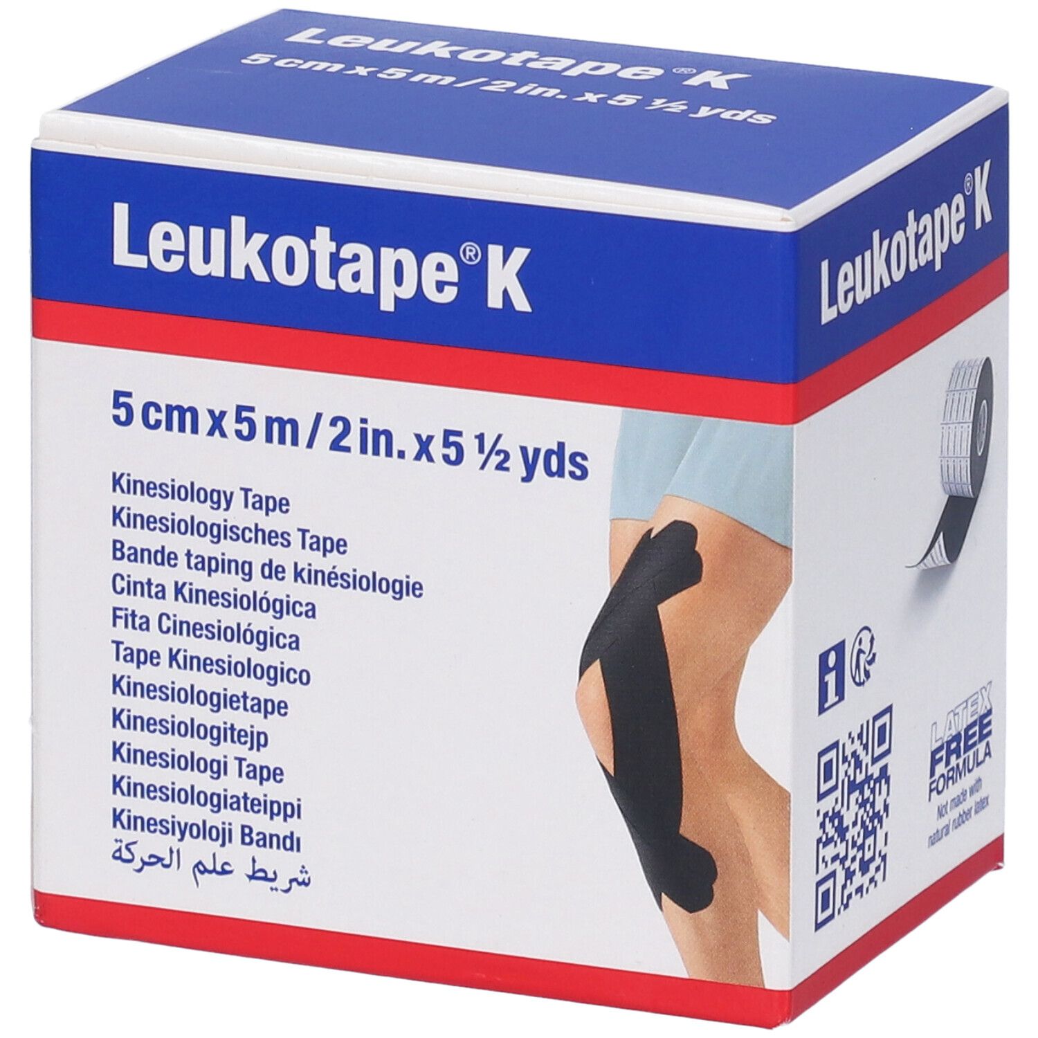 Scatola blu Leukotape K. Scritta: 5cmx5m. Rotolo di nastro nero. Ginocchio con nastro applicato.