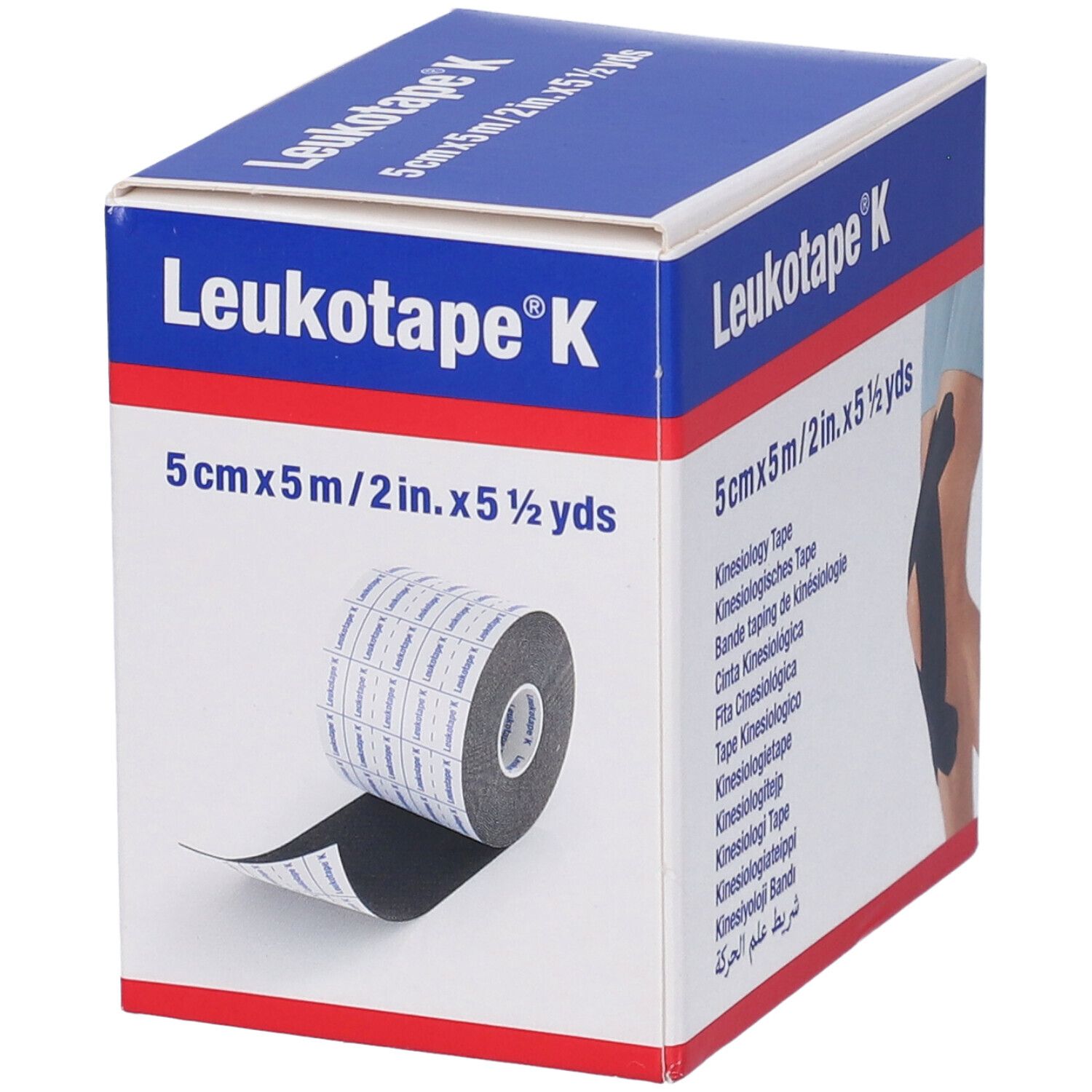 Scatola blu Leukotape K. Scritta: 5cmx5m. Rotolo di nastro nero. Prodotto parzialmente srotolato.
