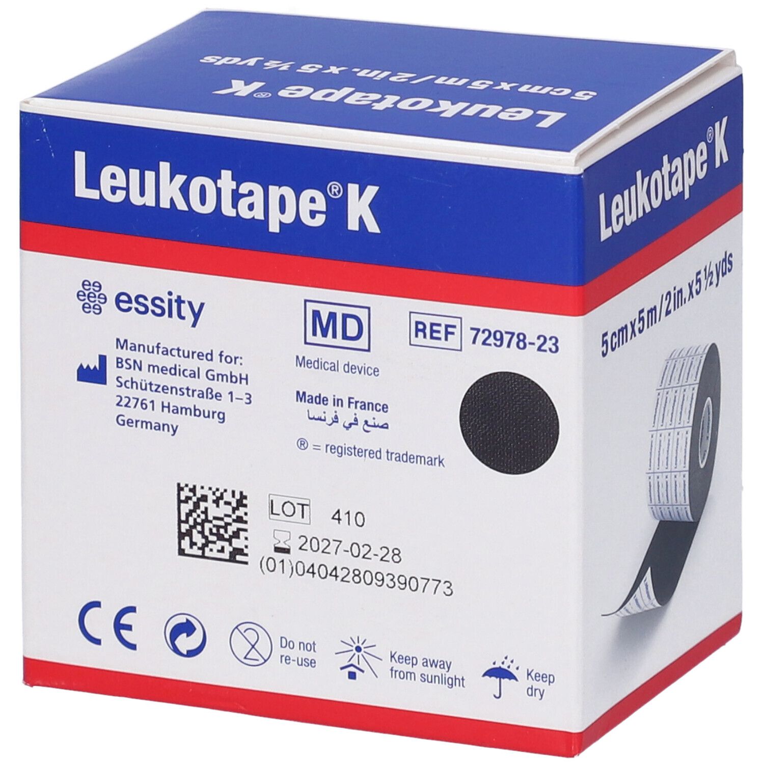 Scatola blu Leukotape K. Scritta: 5cmx5m. Nastro nero. Informazioni produttore. Dispositivo medico.