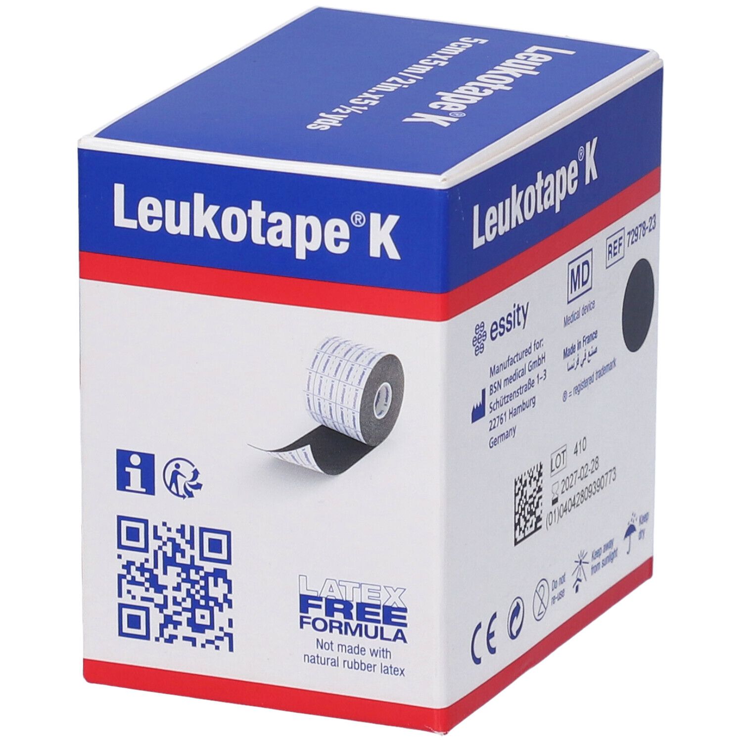 Scatola blu Leukotape K. Scritta: 5cmx5m. Rotolo di nastro nero. Senza lattice. Dispositivo medico.