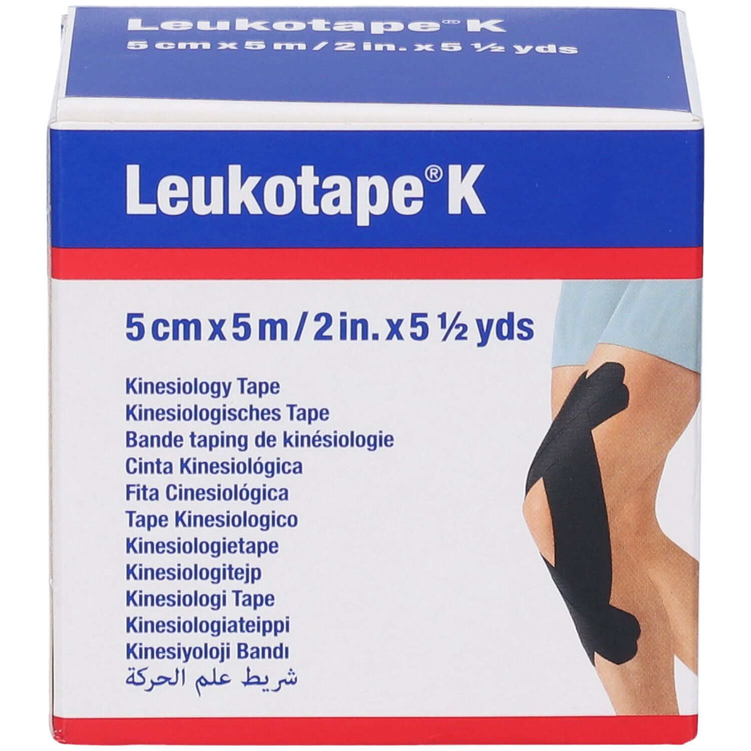 Scatola blu Leukotape K. Scritta: 5cmx5m. Immagine di ginocchio con nastro nero applicato.