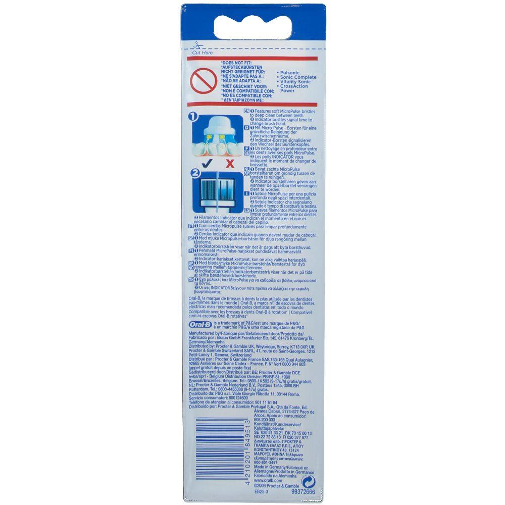 Confezione Oral-B Floss Action. Retro con informazioni e illustrazioni del prodotto. Contiene avvertenze e istruzioni.