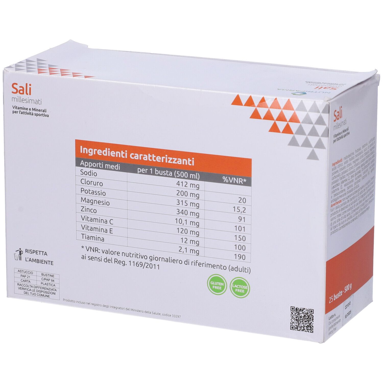 Retro della scatola con informazioni nutrizionali. 25 bustine. Sigilli senza glutine e vegano.