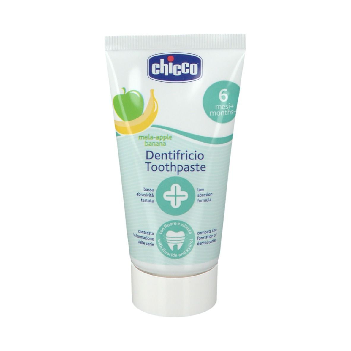 Tube de dentifrice avec illustrations de pomme et banane. Texte : '6 mesi+', 'Dentifricio Toothpaste'.