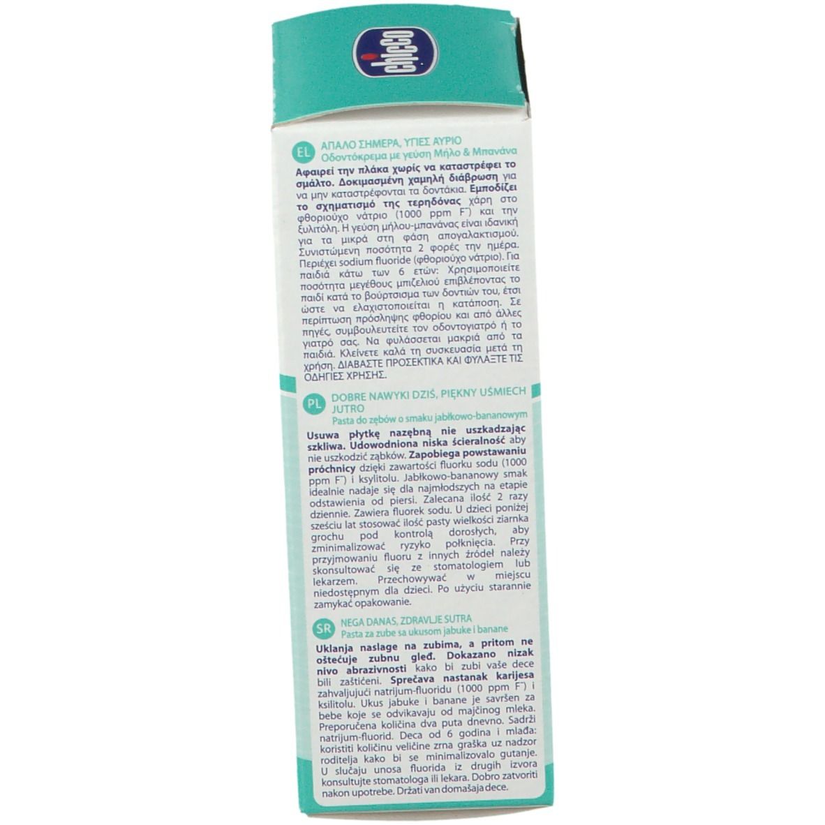 Dos de l'emballage de dentifrice. Texte : instructions, illustrations, 'Made in Italy'.