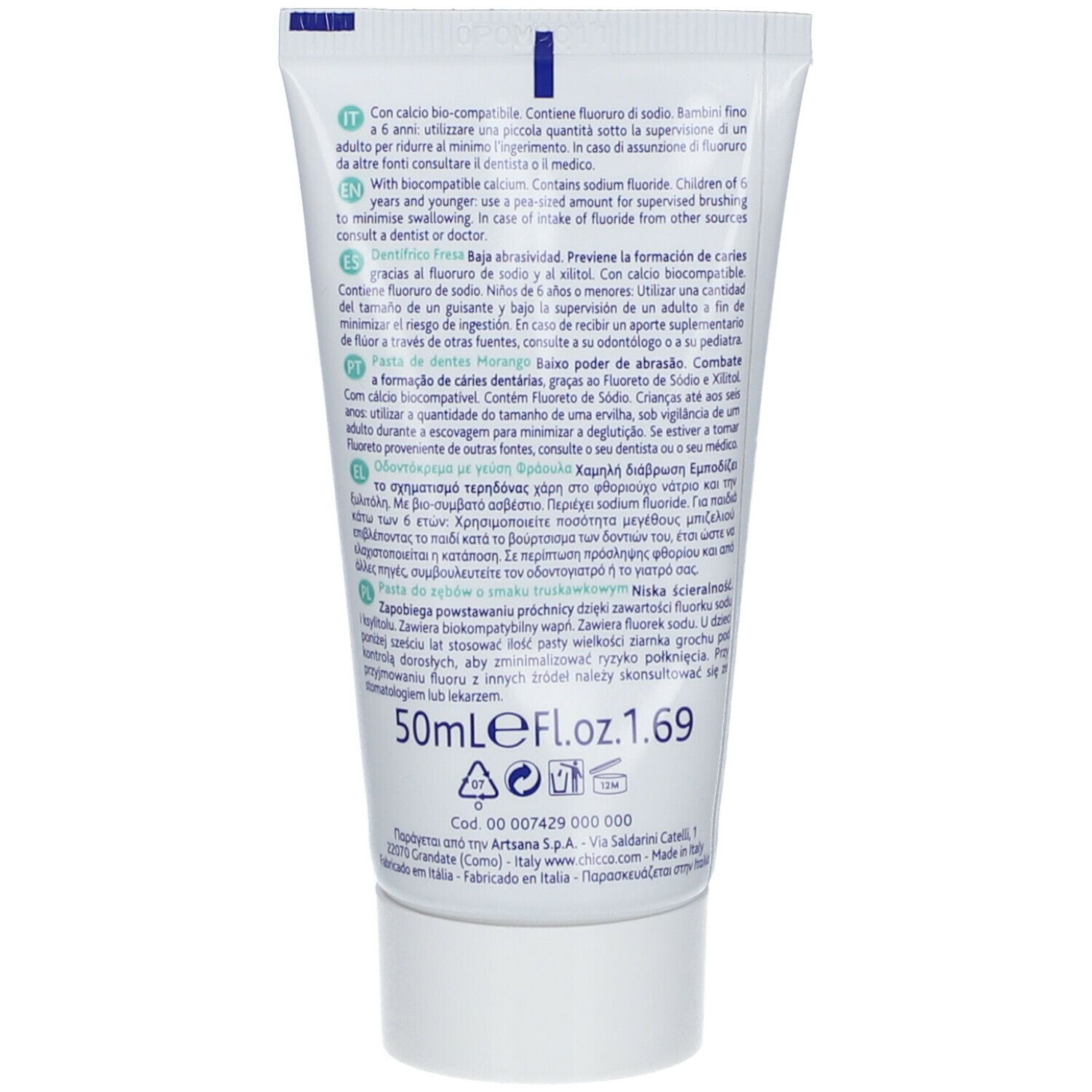 Retro del tubetto di dentifricio. Testo: 50ml, ingredienti, istruzioni per l'uso.