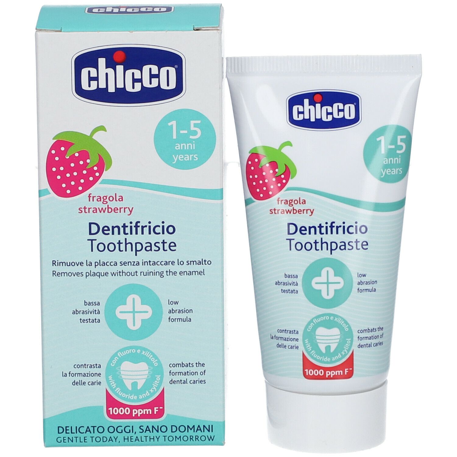 Tubo e confezione di dentifricio. Marca Chicco, motivo fragola. Testo: Dentifricio, 1-5 anni, 1000 ppm F.