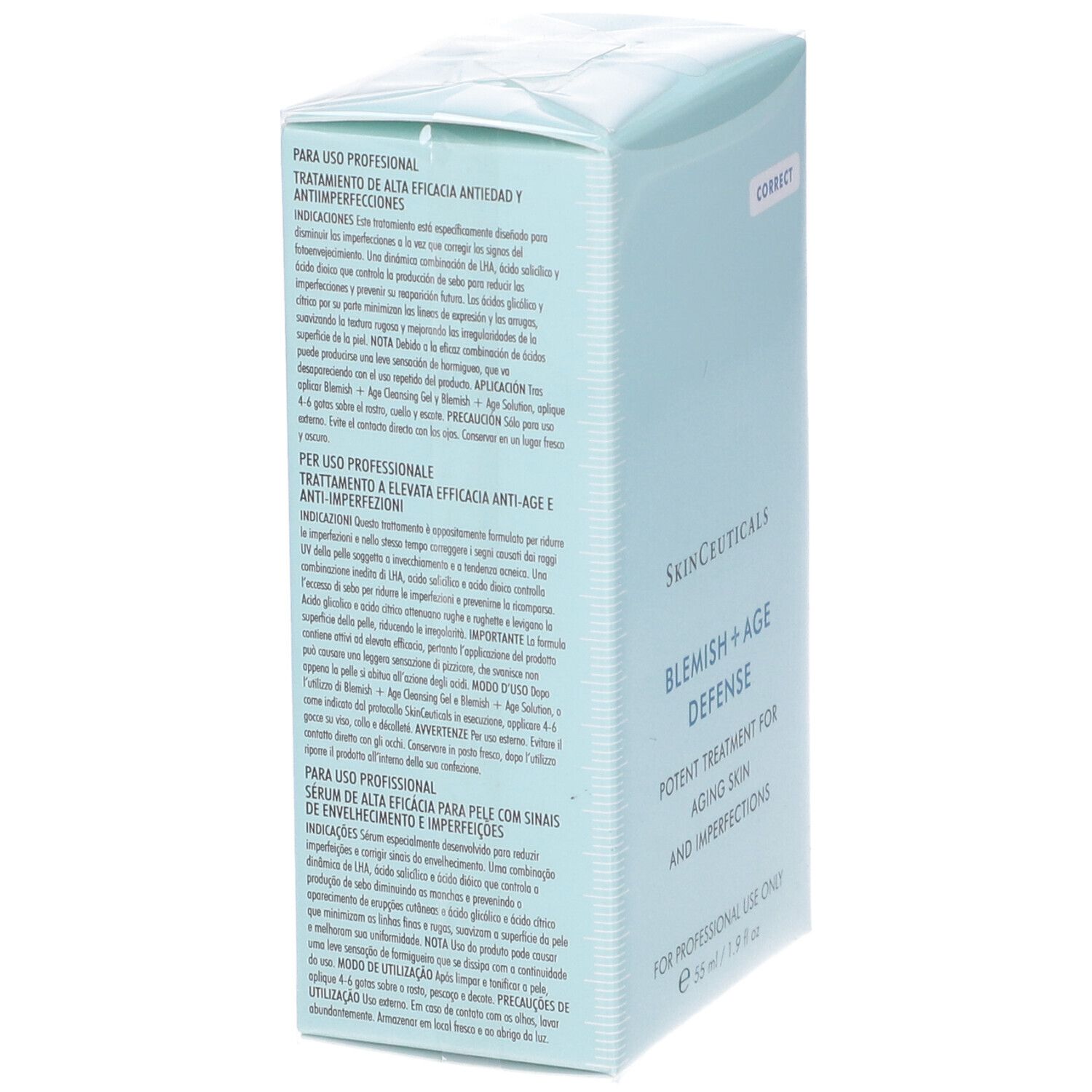 Scatola azzurra SkinCeuticals Blemish + Age Defense. Retro con testo multilingue. Solo per uso professionale.