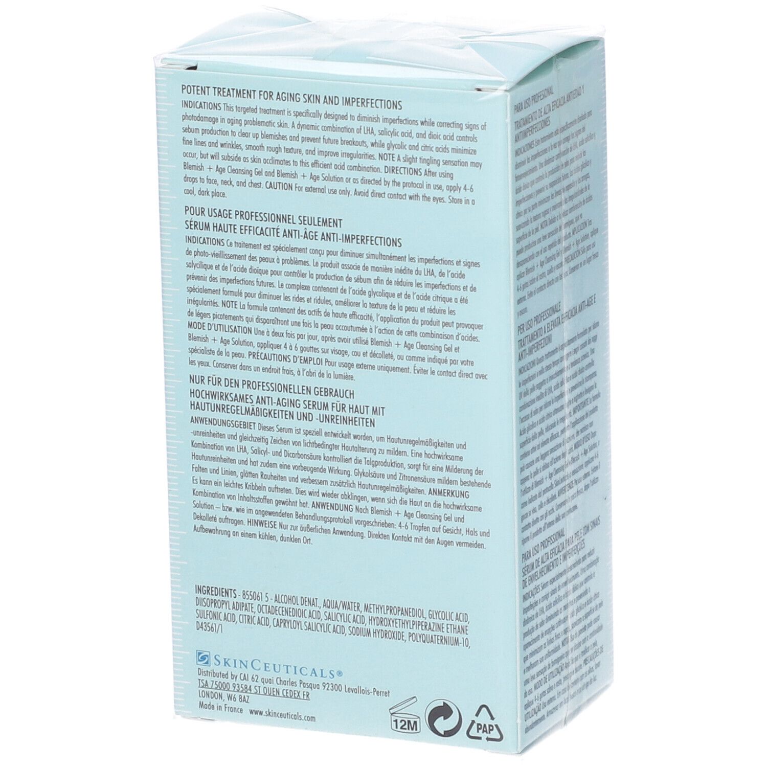 Retro della scatola azzurra SkinCeuticals Blemish + Age Defense. Testo con ingredienti e istruzioni. Solo per uso professionale.