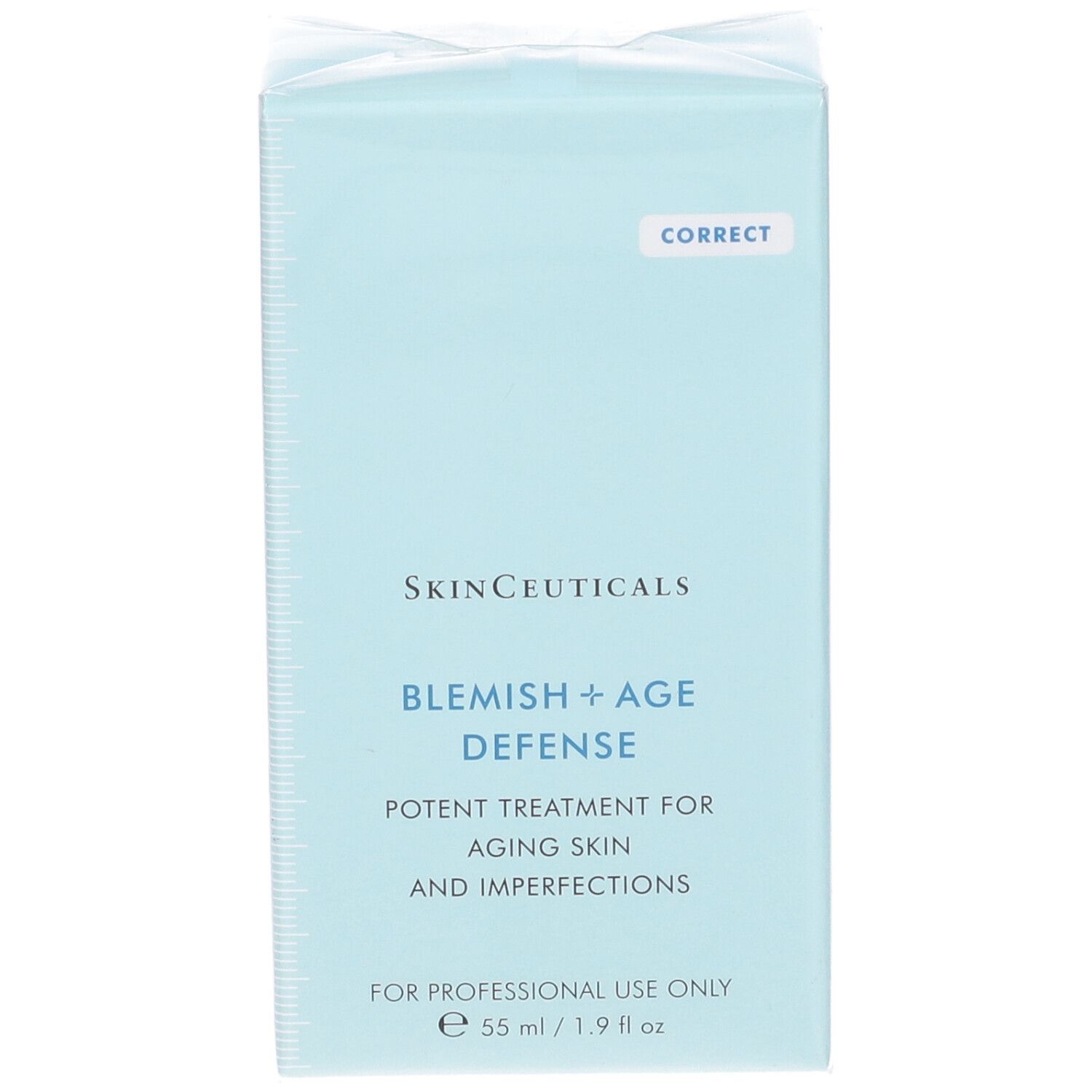 Fronte della scatola azzurra SkinCeuticals Blemish + Age Defense. Nome del prodotto e testo. Solo per uso professionale.