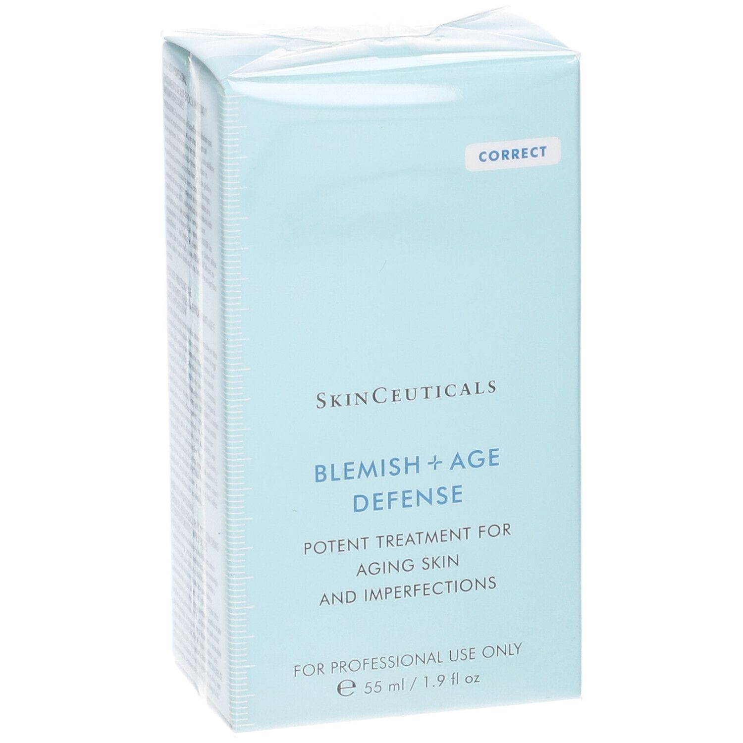 Fronte della scatola azzurra SkinCeuticals Blemish + Age Defense. Nome del prodotto e testo. Solo per uso professionale.