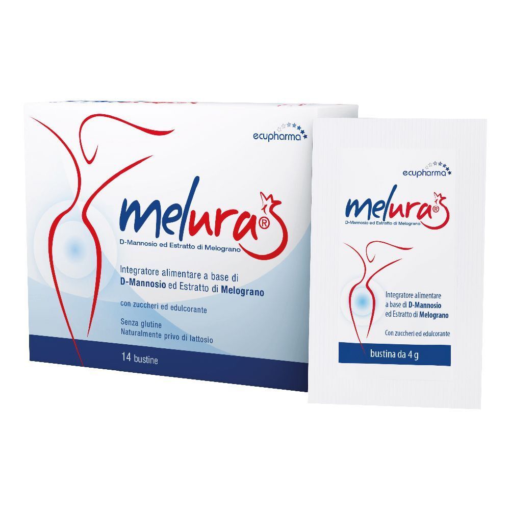 Confezione da 14 bustine. Scritta: melura®, D-mannosio ed estratto di melograno. Senza lattosio e senza glutine.