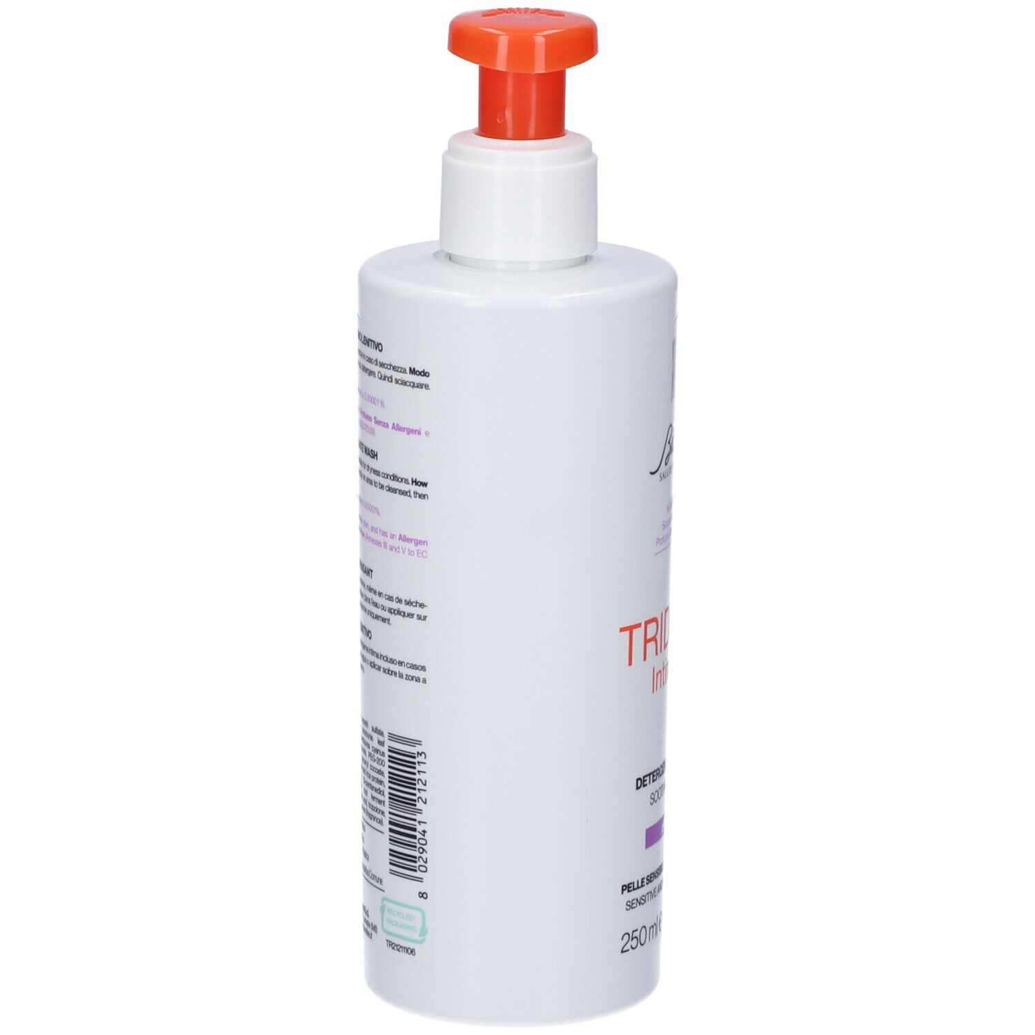 Weiße Pumpflasche mit oranger Pumpe, 250ml. Beschriftung: TRI... INTENSIV.