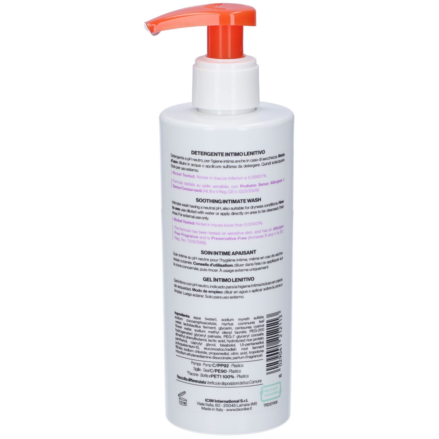 Weiße Pumpflasche mit oranger Pumpe, enthaltend beruhigendes Intimwaschgel.