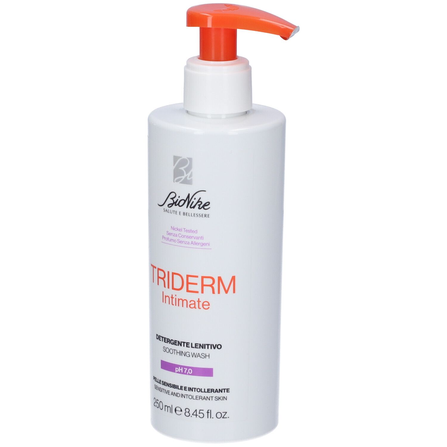 Weiße Pumpflasche mit orangefarbenem Spender. Bionike Triderm Intimate Soothing Wash, pH 7.0, 250ml.