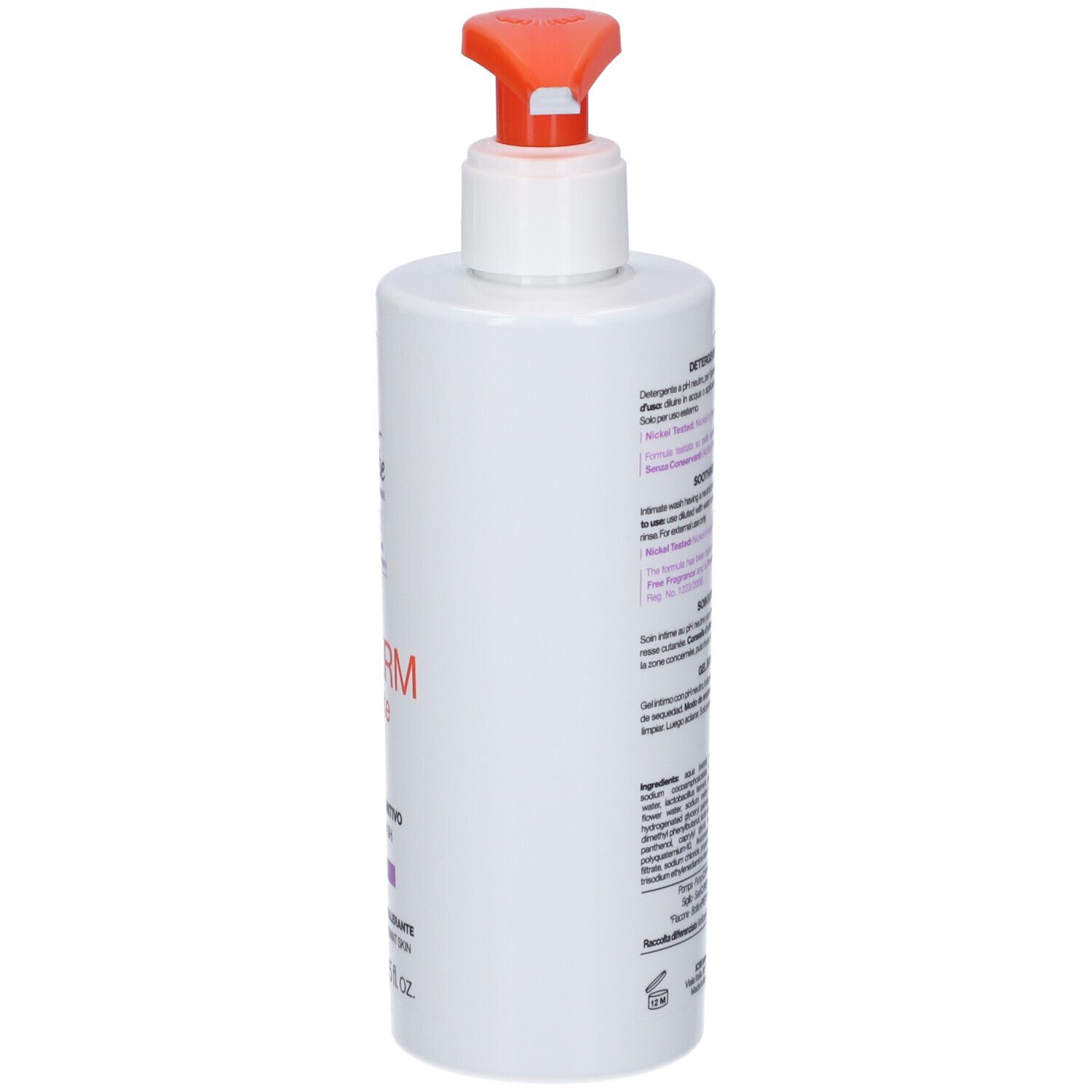 Weiße Pumpflasche mit orangefarbenem Spender. Enthält Text und Etiketten.