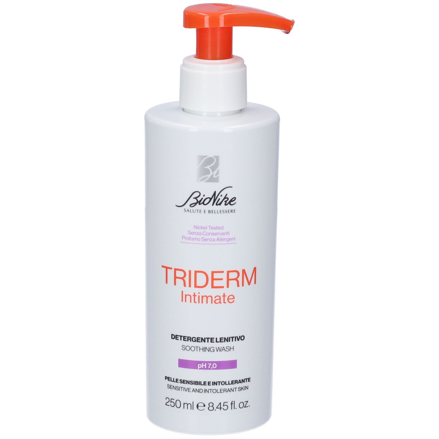 BioNike TRIDERM Intimate Soothing Wash, 250ml Flasche mit Pumpspender.