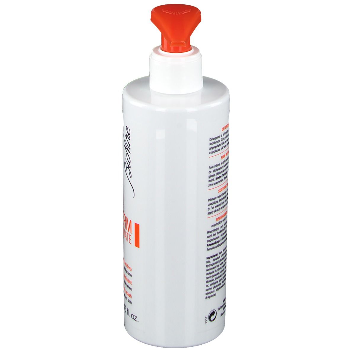 Flacone bianco con dosatore rosso. Scritta: TRIDERM INTIMATE, pH 7,0. Testo in italiano, francese e inglese. Marchio: BioNike.