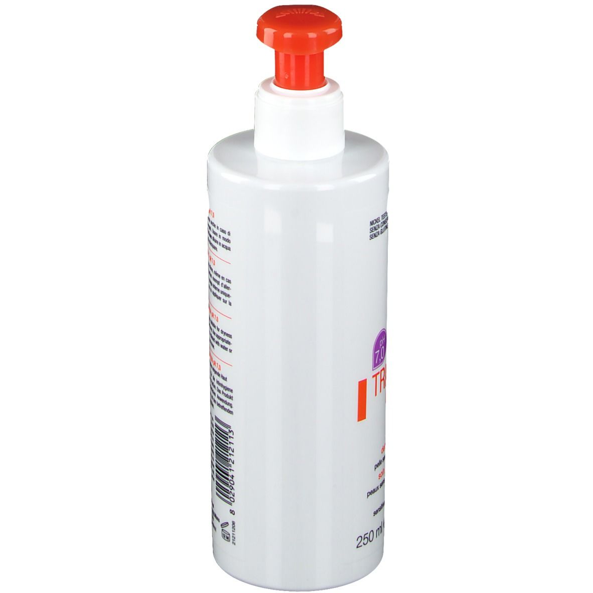 Flacone bianco con dosatore rosso. Scritta: TRIDERM INTIMATE, pH 7,0. Testo in italiano, francese e inglese. Marchio: BioNike.