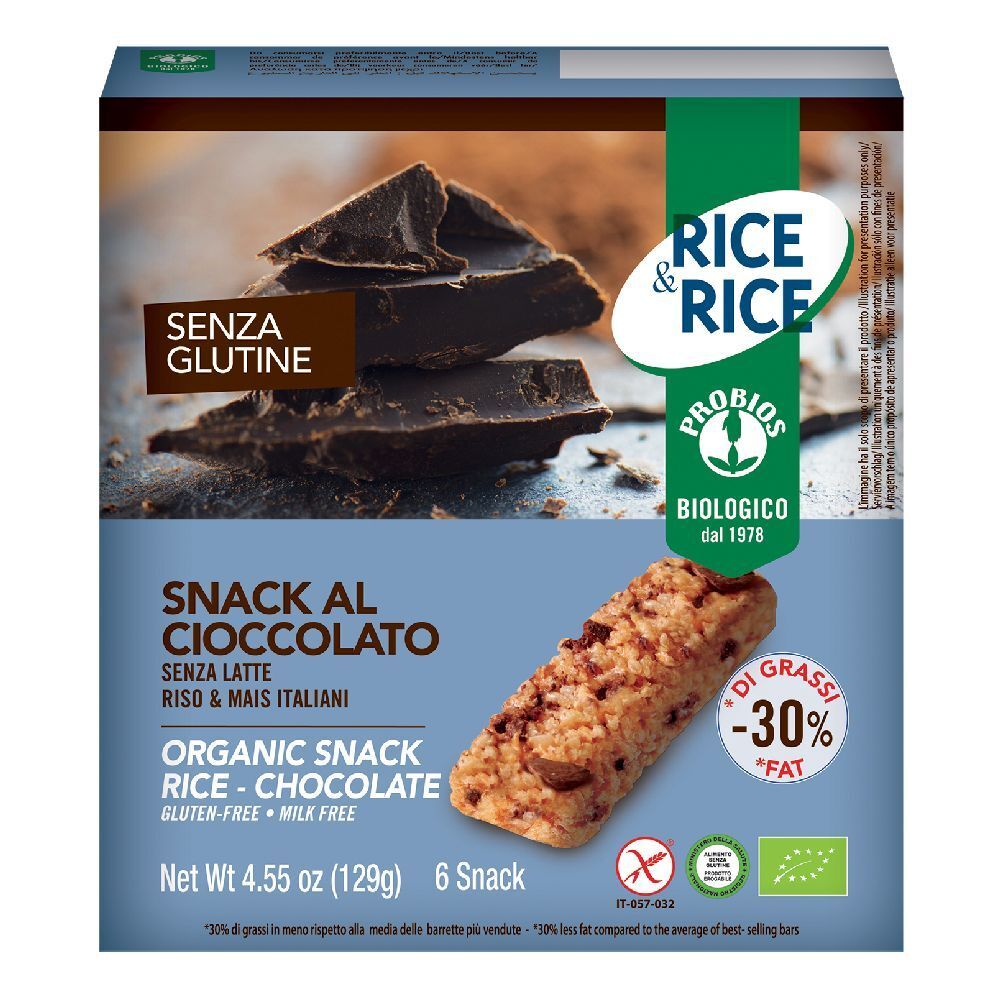 Confezione di snack riso-cioccolato senza glutine. Marchio Rice&Rice, certificazione biologica. Contiene 6 barrette, -30% grassi.