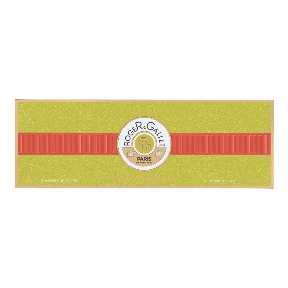 Grüne Schachtel mit rotem Band und Logo. Text: Roger & Gallet, Paris. Savon Parfume, Perfumed Soaps.