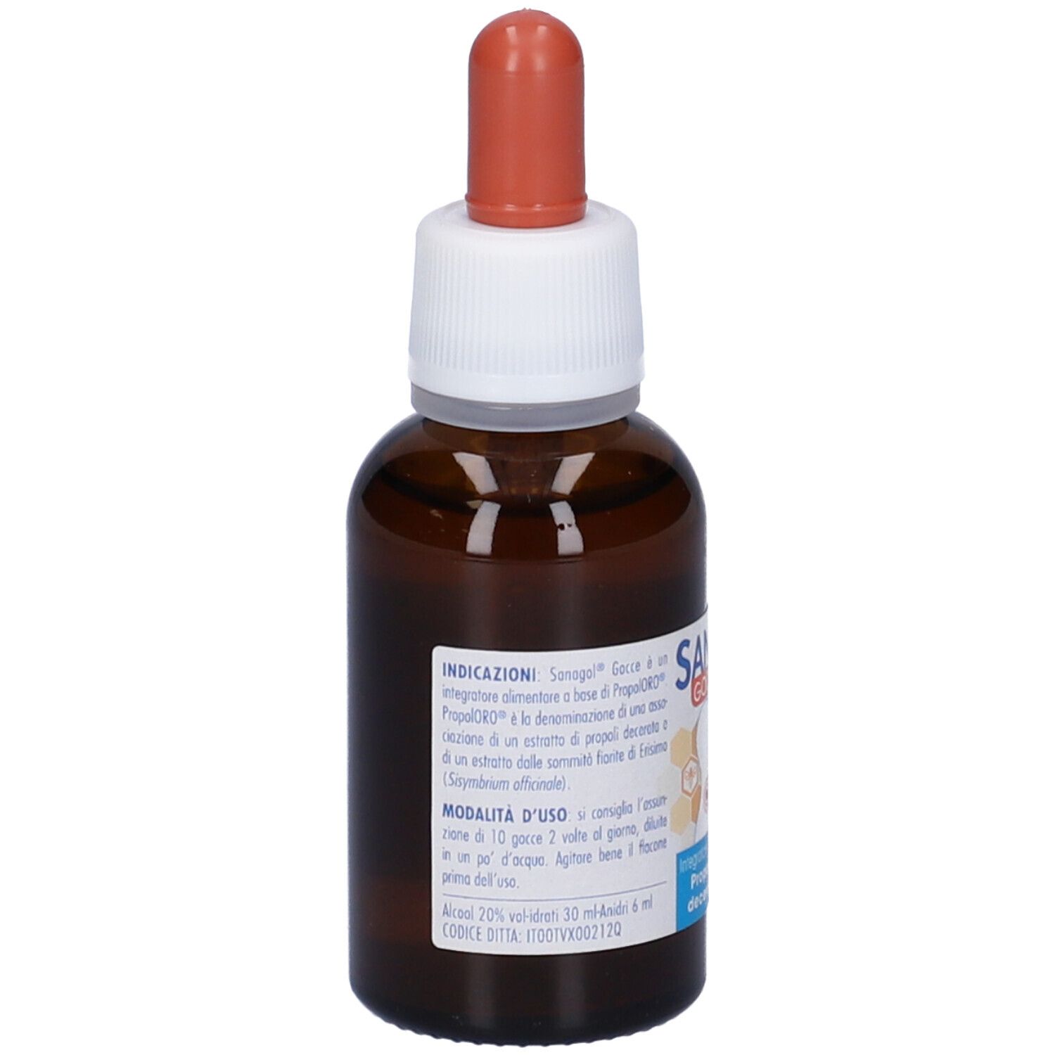 Flacone di vetro marrone con contagocce. Etichetta con informazioni sul prodotto. Contiene 30 ml.