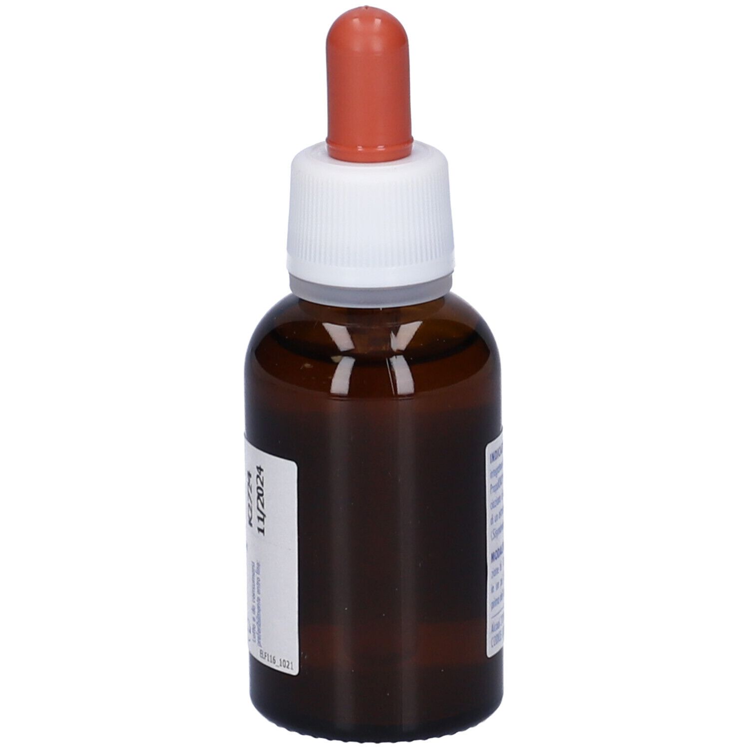 Flacone di vetro marrone con contagocce. Etichetta con informazioni sul prodotto. Contiene 30 ml.