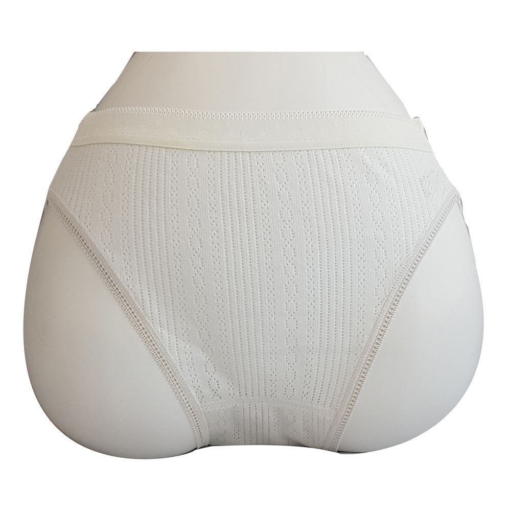 Tanga igienico bianco. In pizzo con motivo a righe verticali. Presentato su manichino.