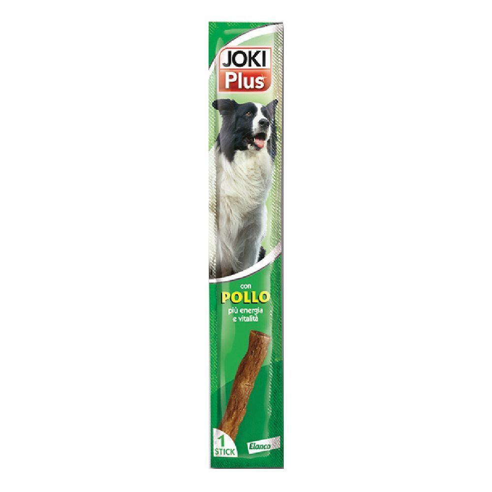 Confezione verde con nome del prodotto e foto di cane. Testo: 'con Pollo'. Visibile un singolo snack per cani.
