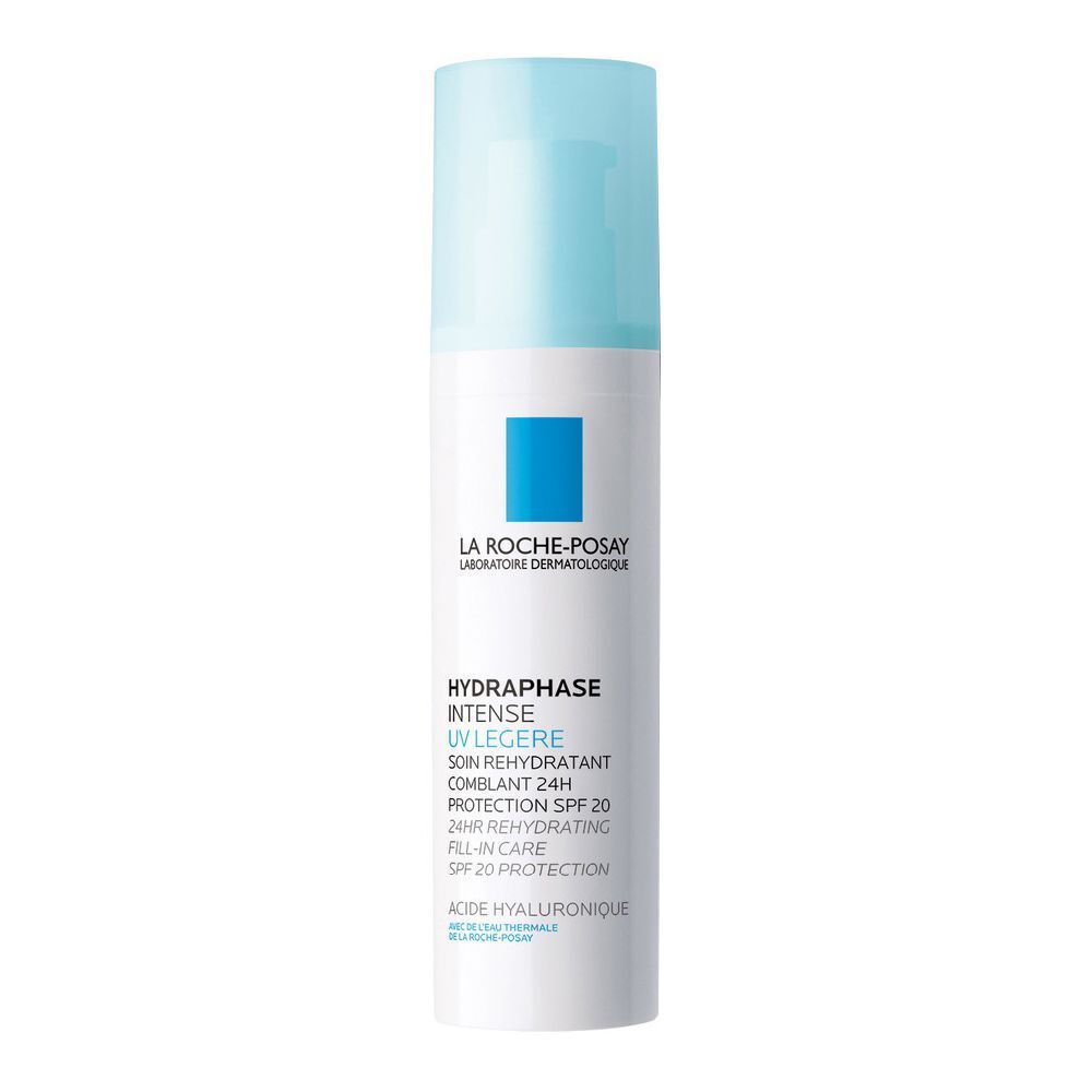 Weiße Flasche mit blauem Deckel. Aufschrift: La Roche-Posay, Hydraphase UV Legere, SPF 20. Mit blauem Quadrat.