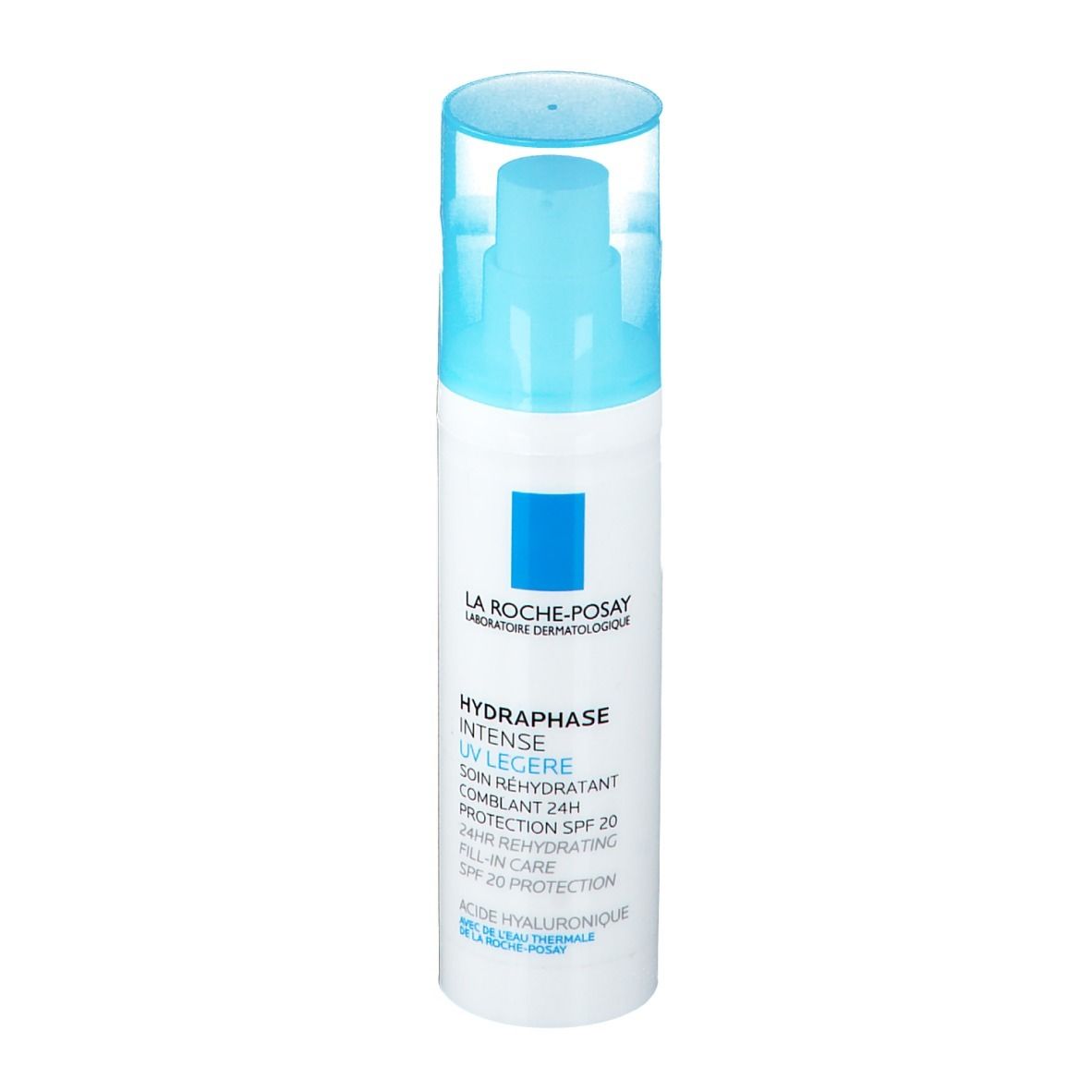 Weiße Flasche mit blauem Deckel. Aufschrift: La Roche-Posay, Hydraphase UV Legere, SPF 20. Mit blauem Quadrat.