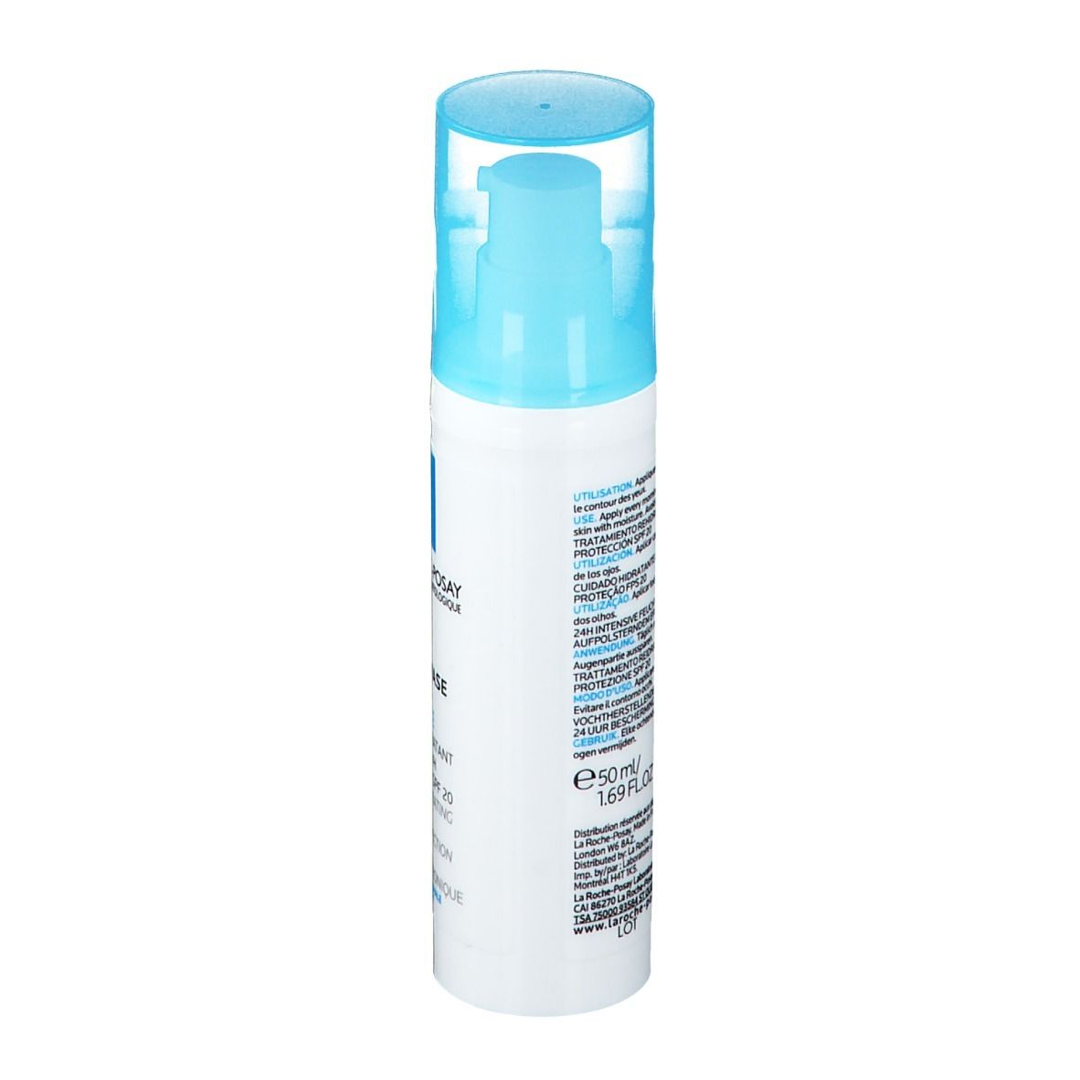 Weiße Flasche mit blauem Deckel. Aufschrift: La Roche-Posay, Hydraphase UV Legere, SPF 20. Mit blauem Quadrat.