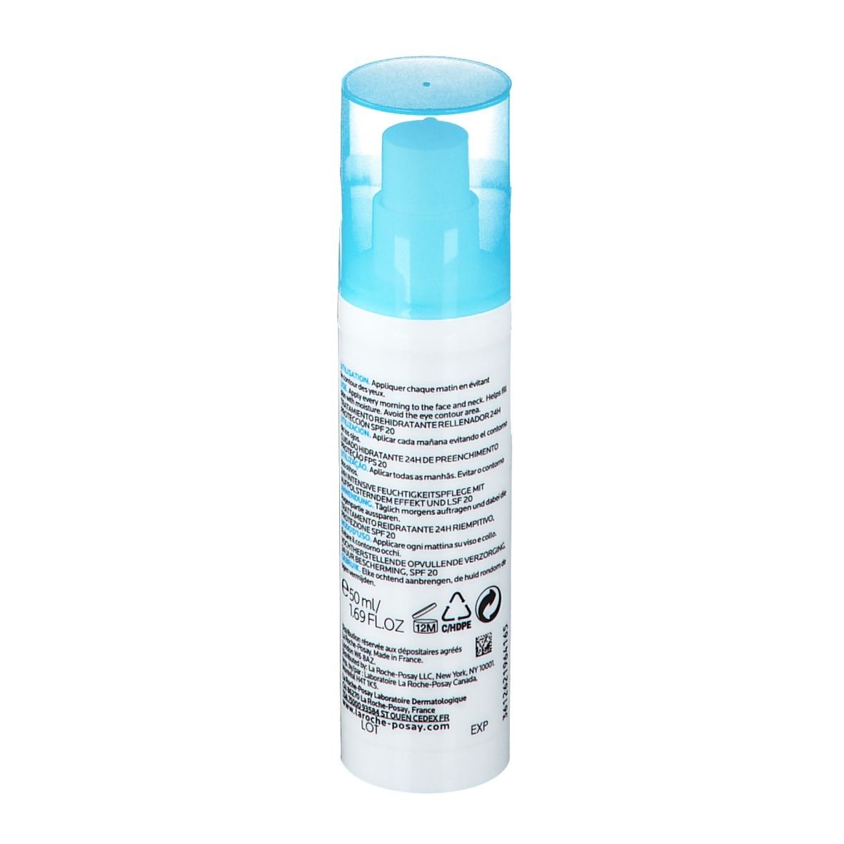 Weiße Flasche mit blauem Deckel. Aufschrift: La Roche-Posay, Hydraphase UV Legere, SPF 20. Mit blauem Quadrat.