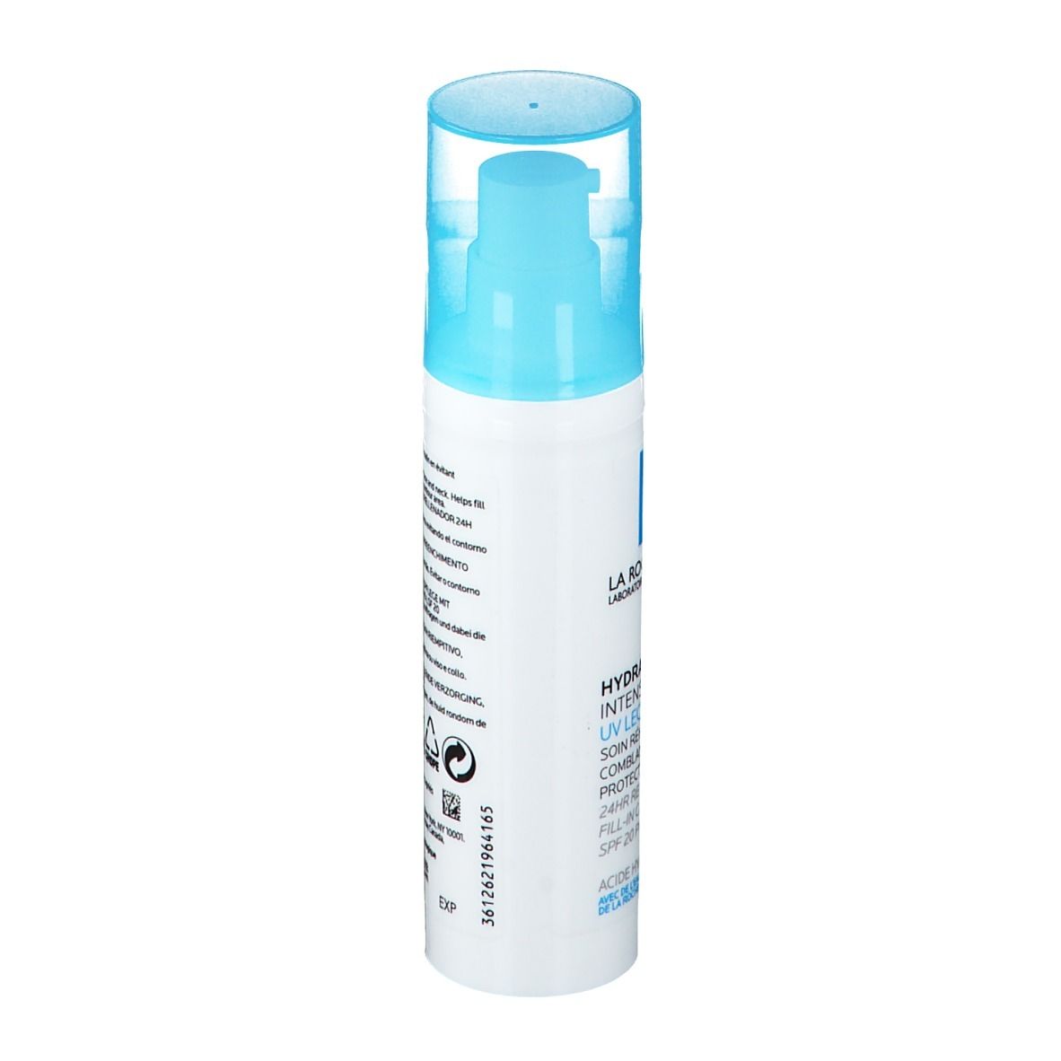Weiße Flasche mit blauem Deckel. Aufschrift: La Roche-Posay, Hydraphase UV Legere, SPF 20. Mit blauem Quadrat.