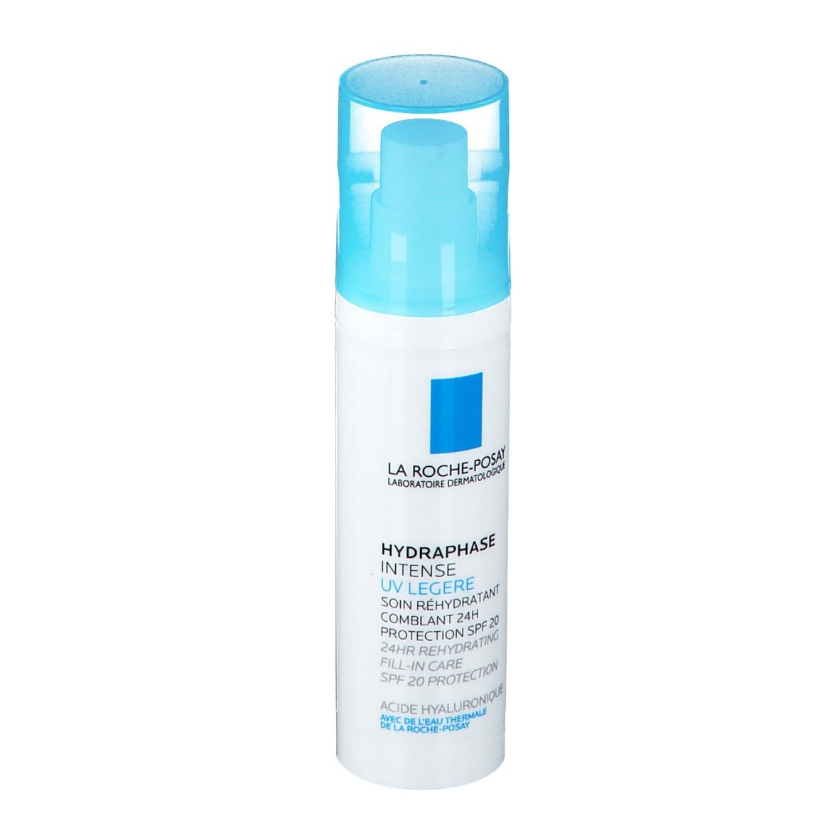 Weiße Flasche mit blauem Deckel. Aufschrift: La Roche-Posay, Hydraphase UV Legere, SPF 20. Mit blauem Quadrat.