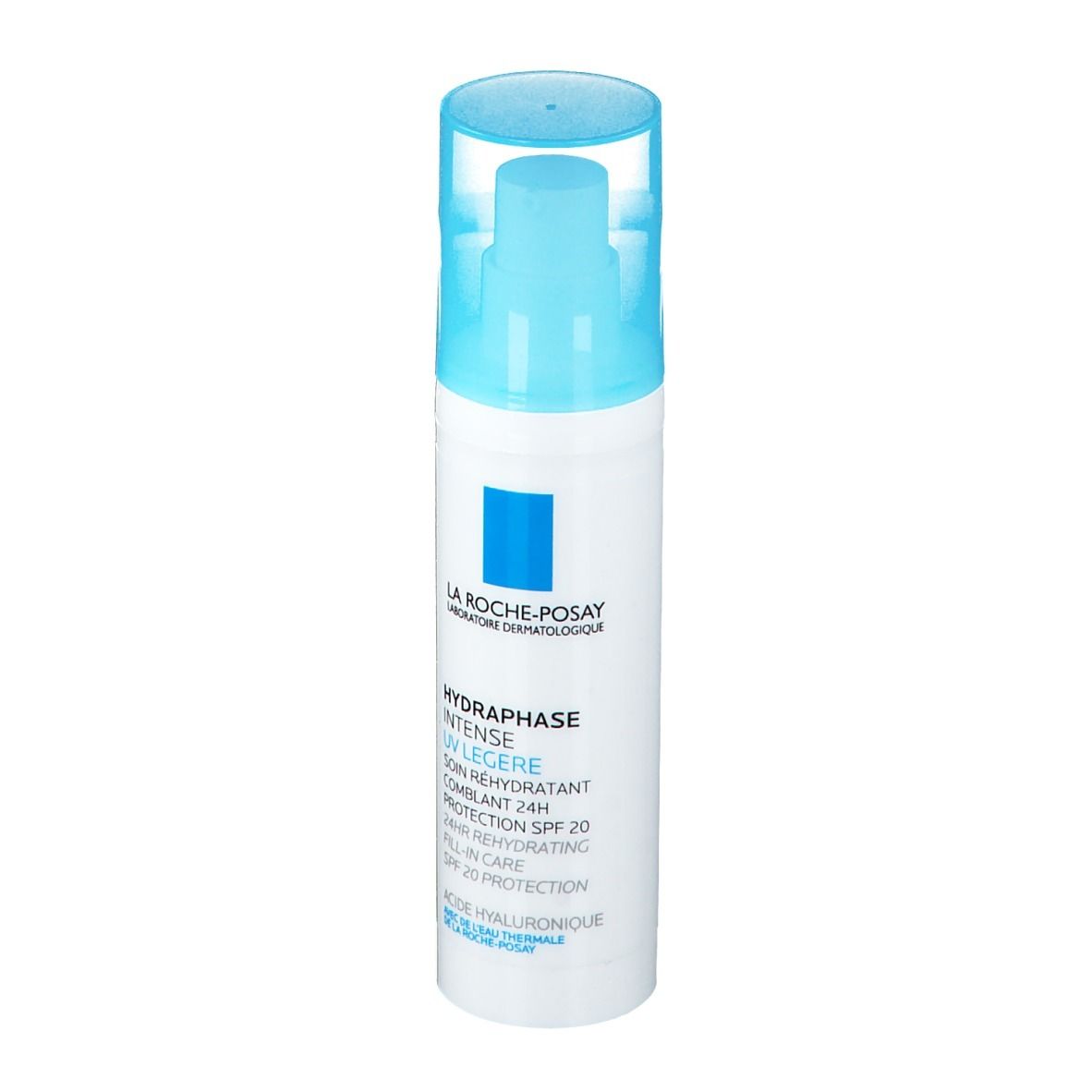 Weiße Flasche mit blauem Deckel. Aufschrift: La Roche-Posay, Hydraphase UV Legere, SPF 20. Mit blauem Quadrat.