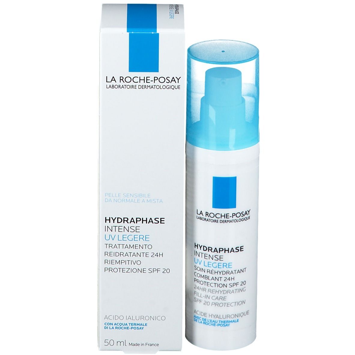 Weiße Flasche mit blauem Deckel. Aufschrift: La Roche-Posay, Hydraphase UV Legere, SPF 20. Mit blauem Quadrat.