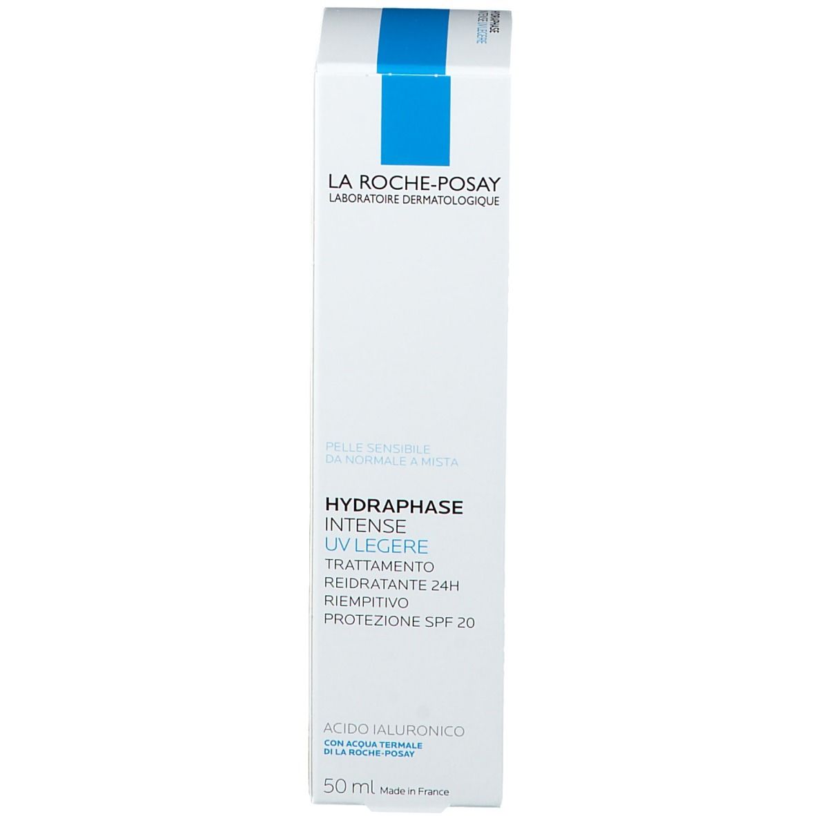 Produkt und Verpackung. Weiße Flasche mit blauem Deckel und Verpackung. Aufschrift: La Roche-Posay, Hydraphase UV Legere, SPF 20.