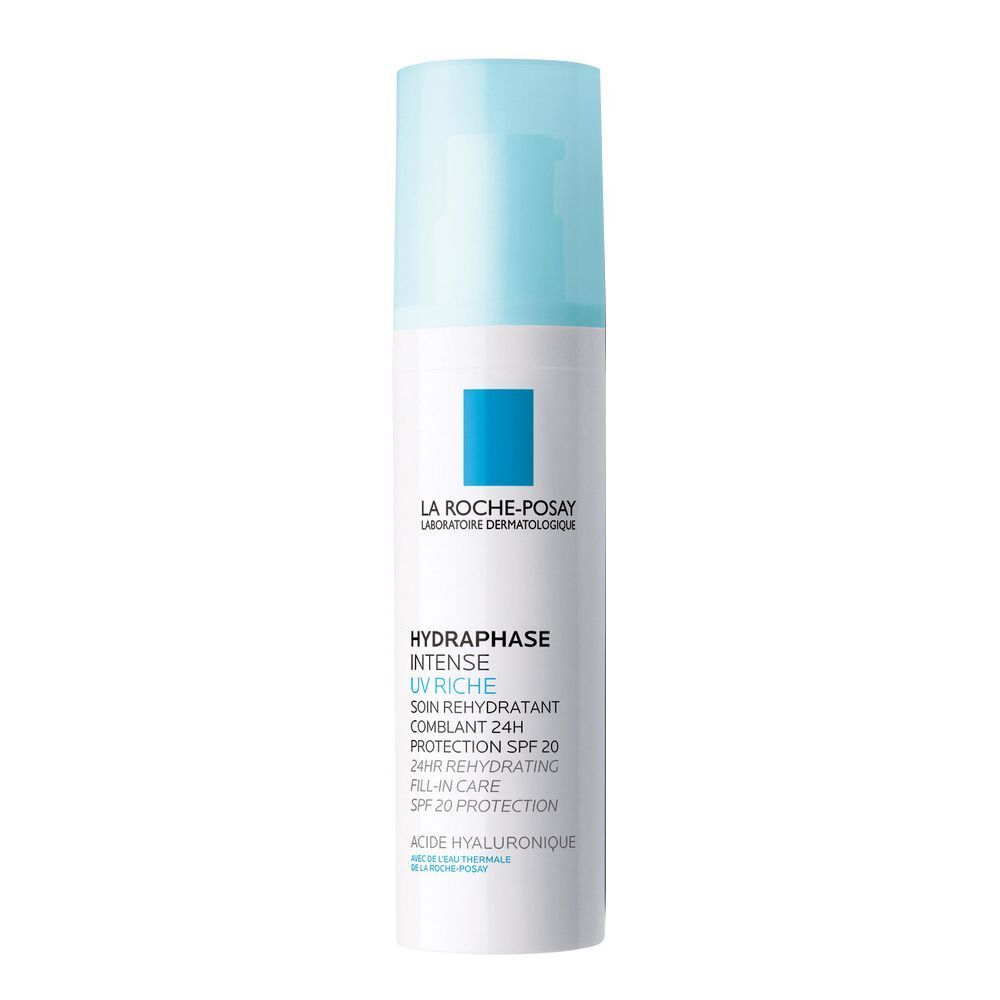 Weiß-blaue Flasche mit blauem Deckel. Aufschrift: LA ROCHE-POSAY, HYDRAPHASE UV RICHE, SPF 20. Flasche steht.