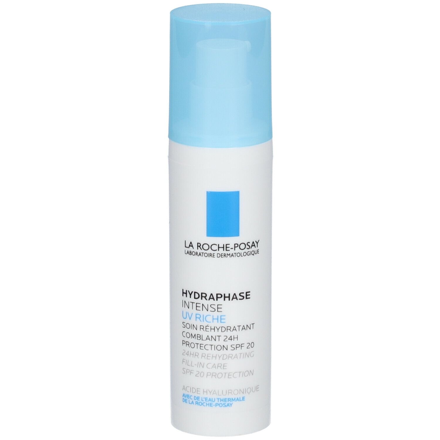 Weiß-blaue Flasche mit blauem Deckel. Aufschrift: HYDRAPHASE UV RICHE, SPF 20. Flasche steht.