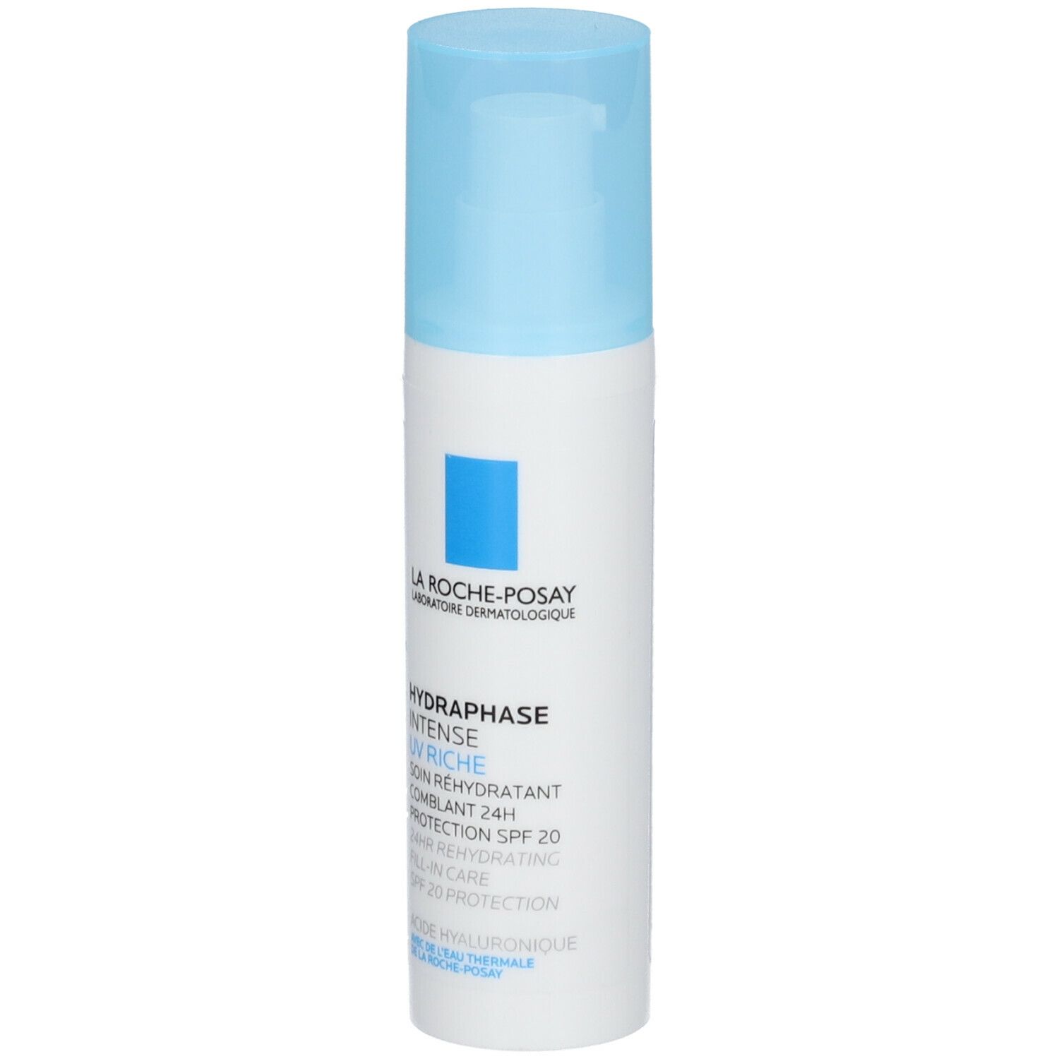 Weiß-blaue Flasche mit blauem Deckel. Aufschrift: LA ROCHE-POSAY, HYDRAPHASE UV RICHE, SPF 20. Flasche steht.