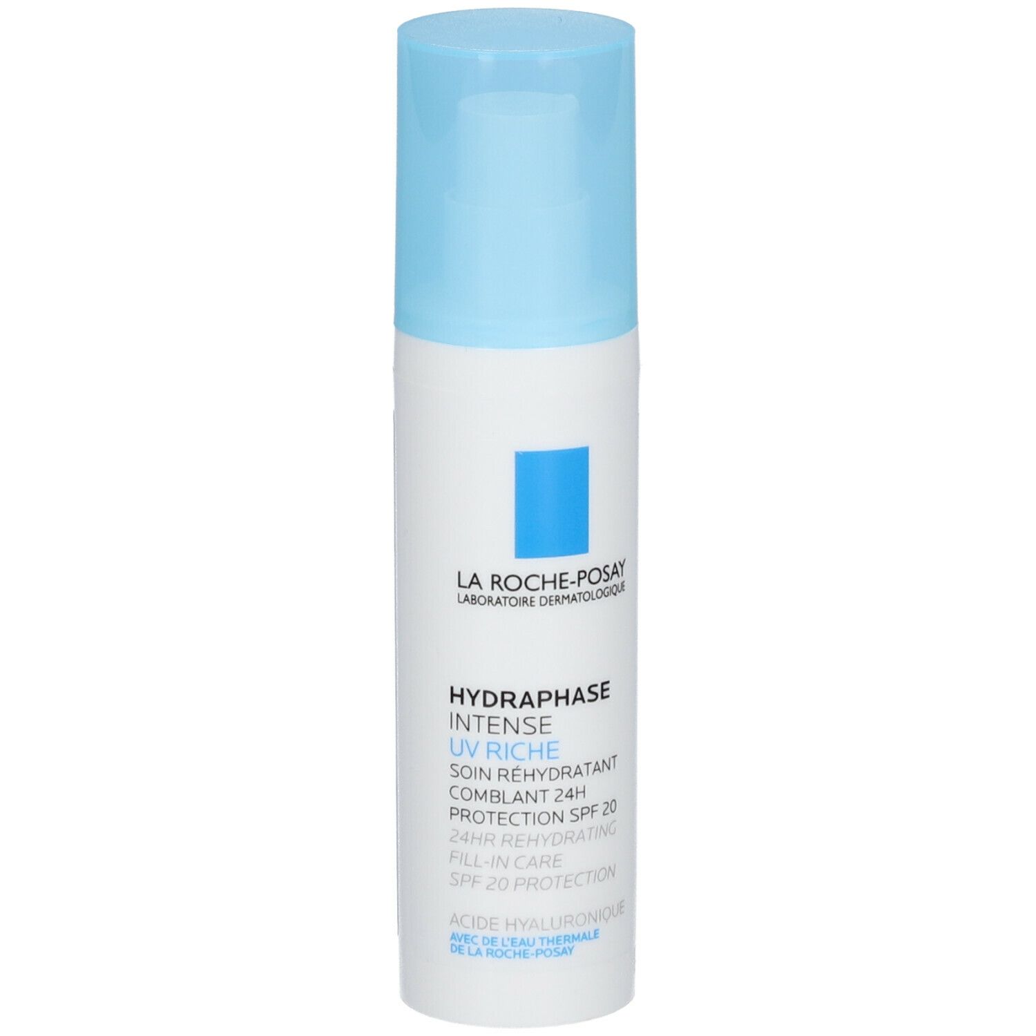 Weiß-blaue Flasche mit blauem Deckel. Aufschrift: LA ROCHE-POSAY, HYDRAPHASE UV RICHE, SPF 20. Flasche steht.